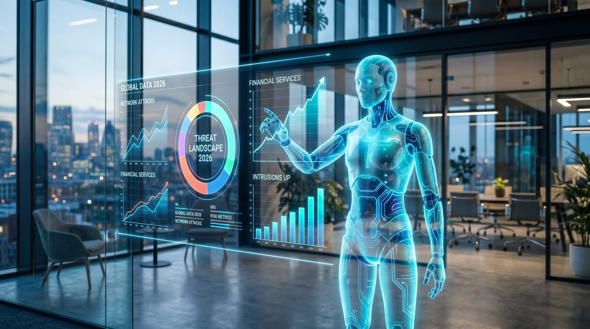 A translucent cyan AI Employee avatar beside a financial-services threat landscape dashboard with rising trend charts in a modern glass office
