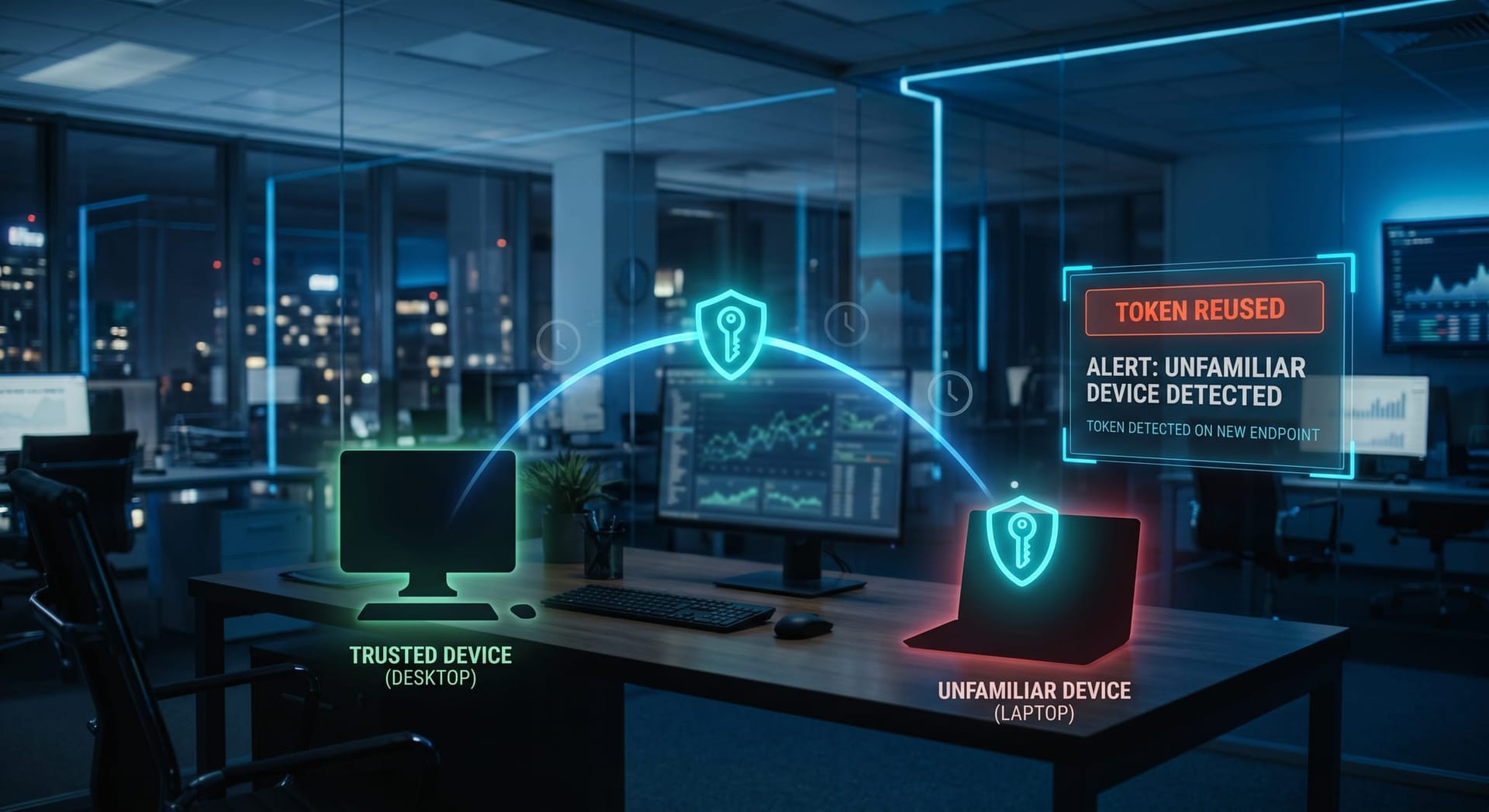 A glowing cyan session token traveling between two devices while a holographic monitor flags it as used from an unfamiliar device in a bank office