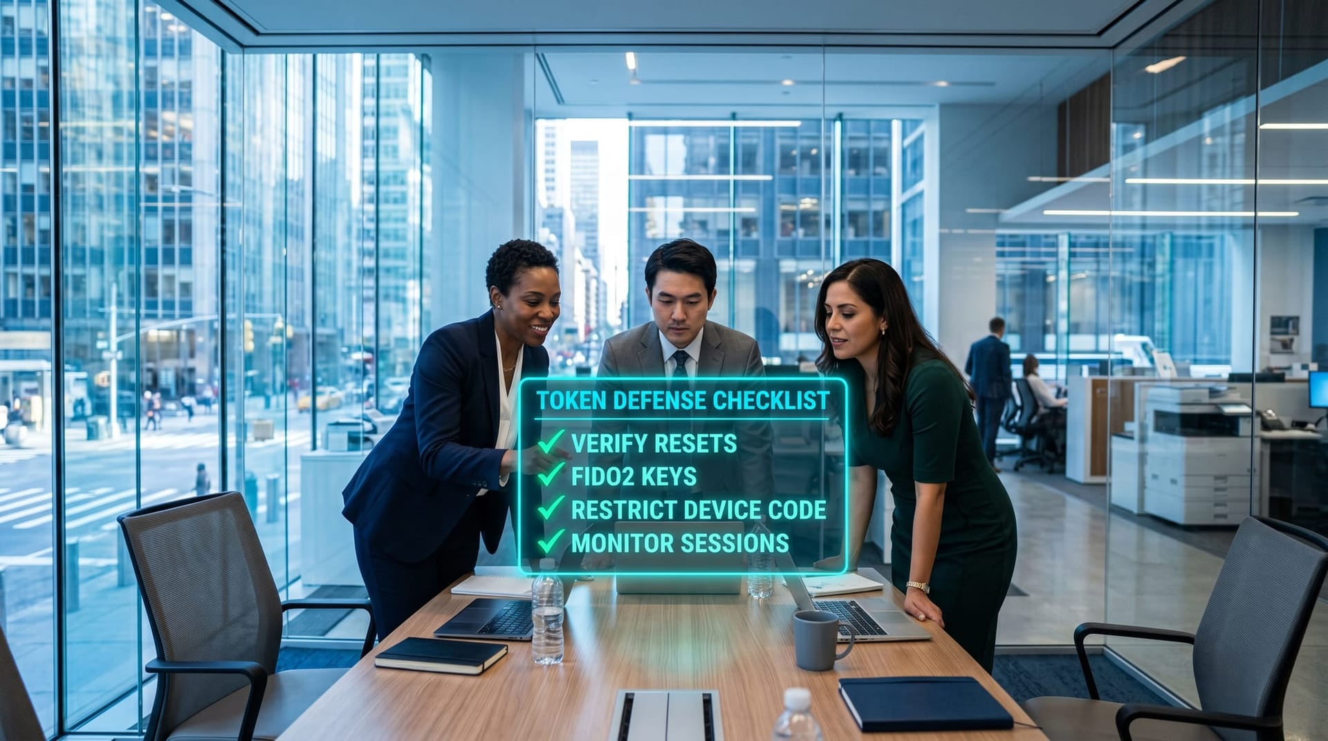 A small community bank team reviewing a holographic token-theft defense checklist of controls and owners on a glowing cyan panel in a glass office