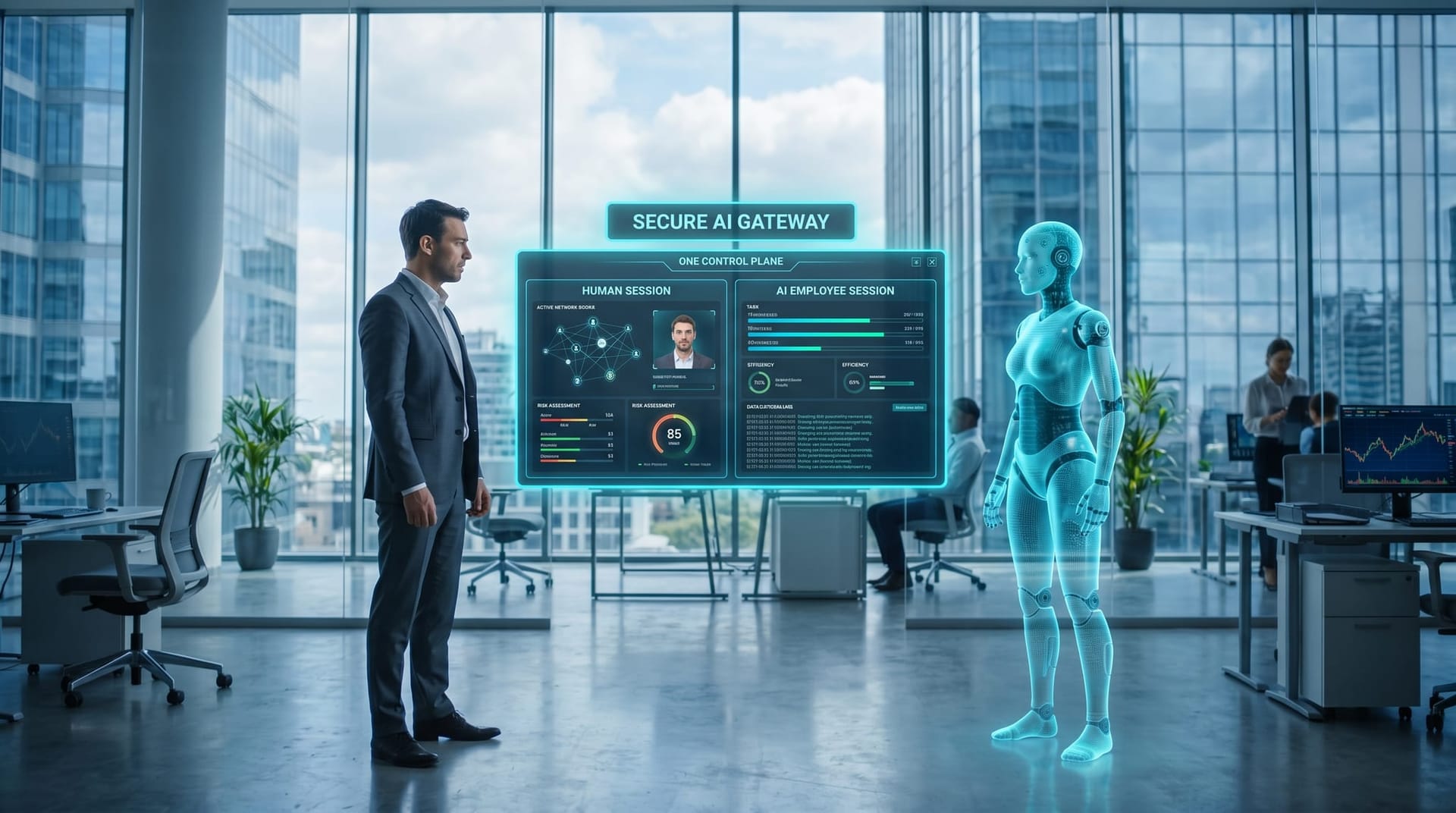 A holographic control plane monitoring both a human employee session and an AI Employee session together under a Secure AI Gateway in a bank office