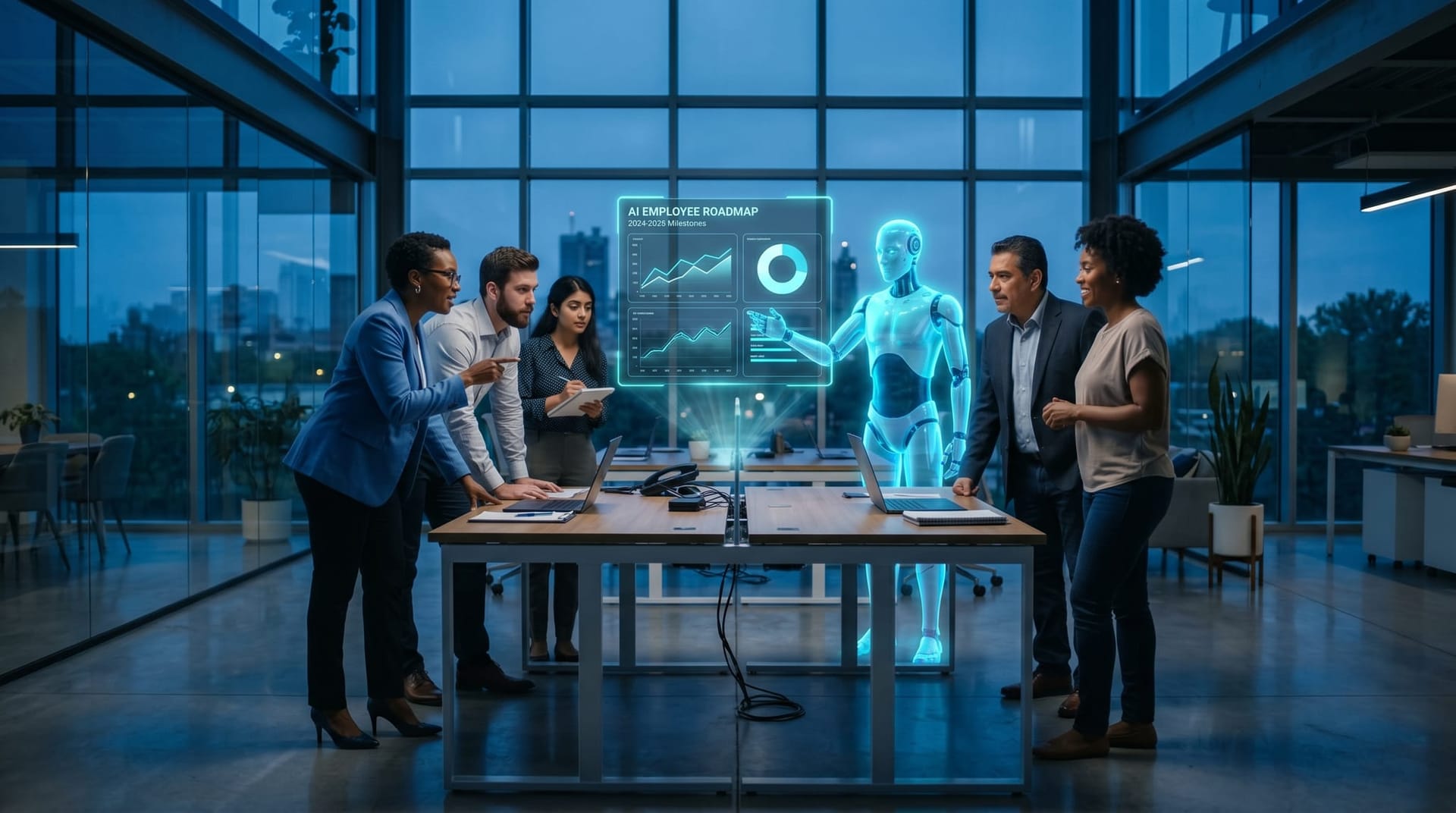 A Fort Wayne mid-market business team in a modern glass-walled office working alongside a translucent cyan holographic AI Employee at a workstation with floating gateway dashboard panels.