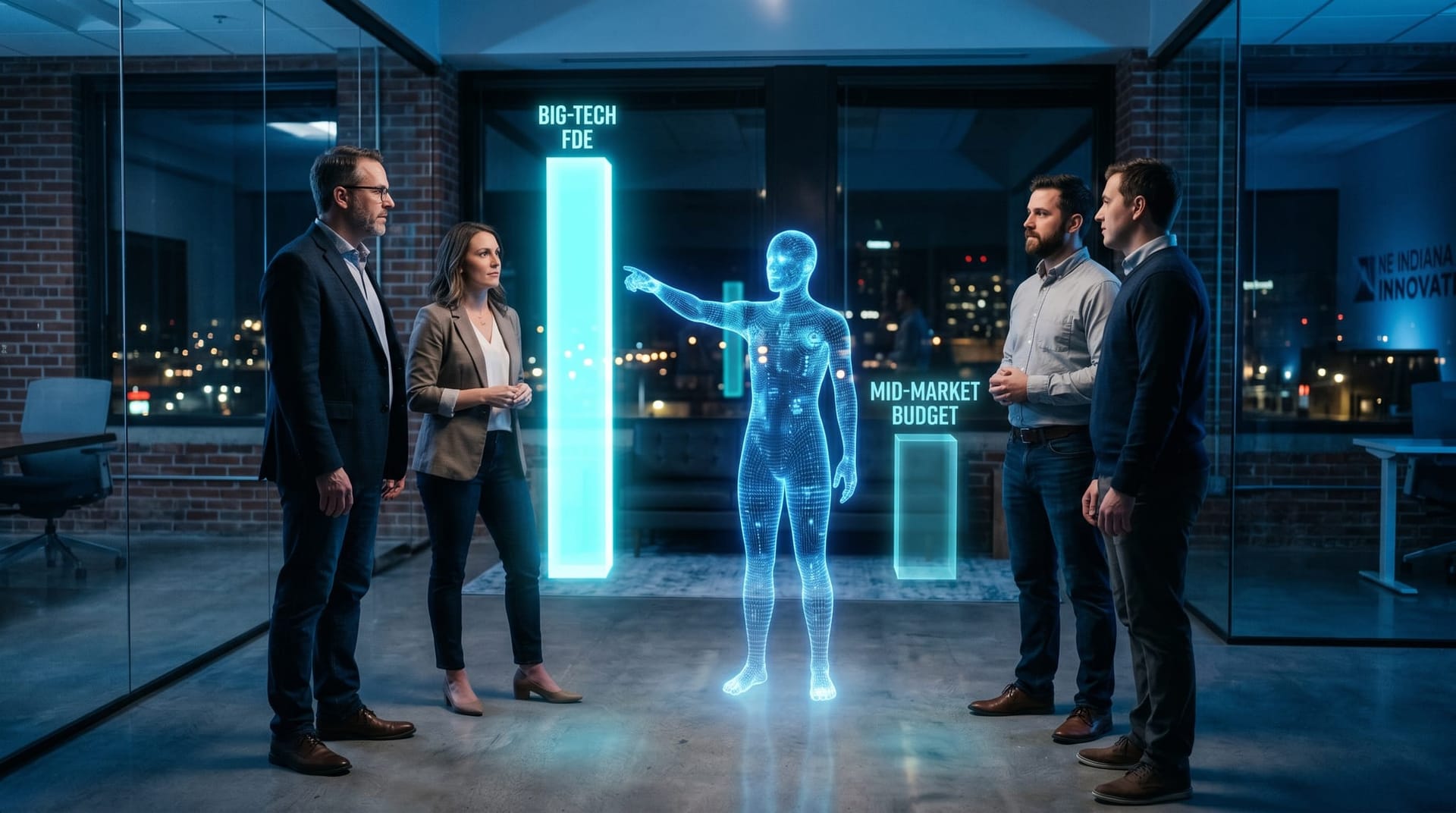 A side-by-side floating holographic comparison in a Fort Wayne office showing a tall enterprise FDE cost column beside a smaller mid-market budget column with a cyan AI Employee gesturing at the gap.