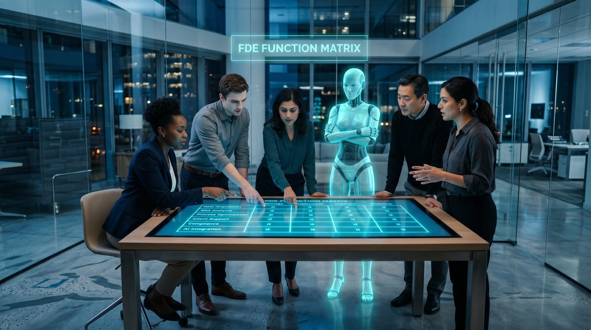 A mid-market team gathered around an interactive table display projecting a six-row holographic function matrix in cyan glow with column labels for FDE responsibility areas.