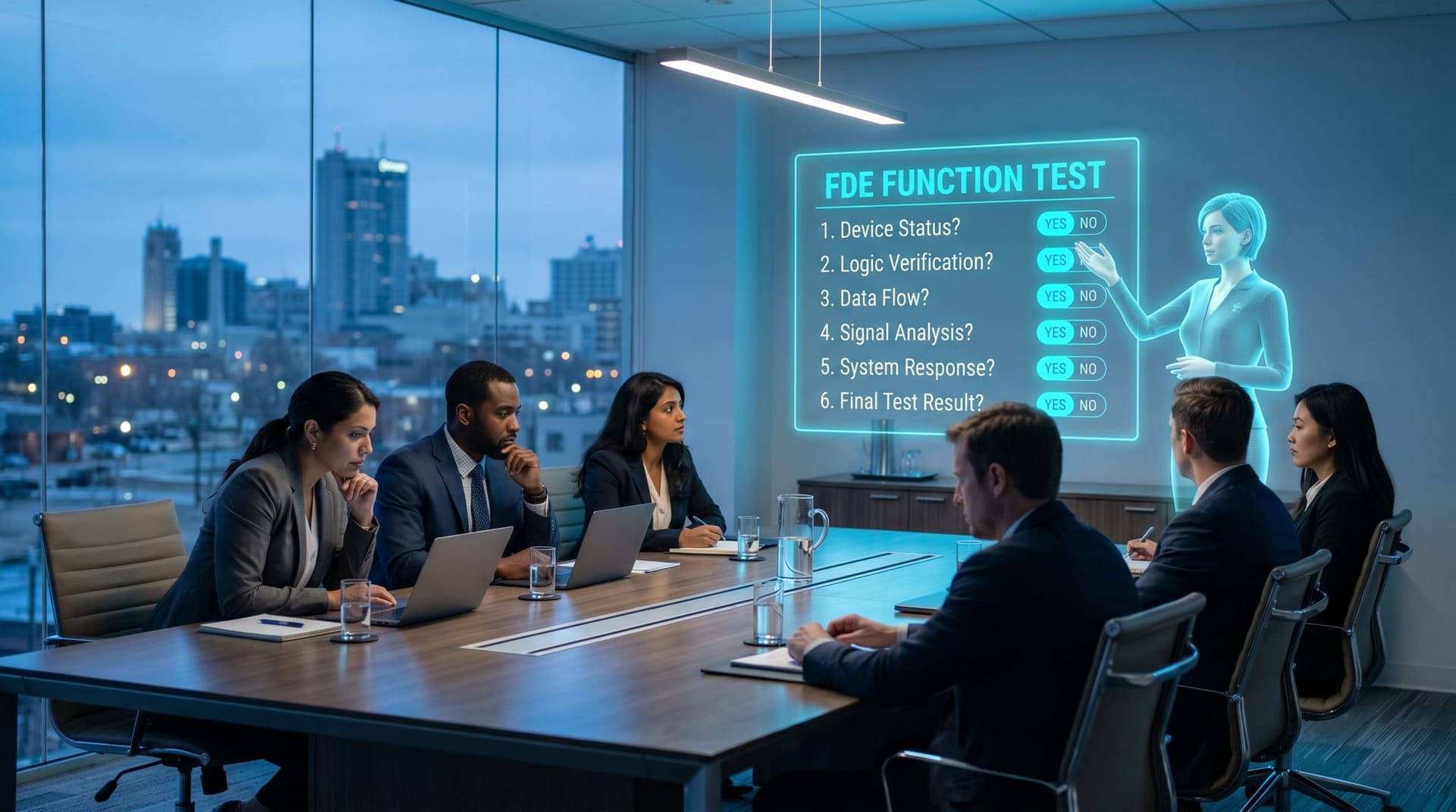 A boardroom team in business attire reviewing a floating holographic six-question test panel with cyan-glow yes-no toggles for each FDE function area in a Fort Wayne office.