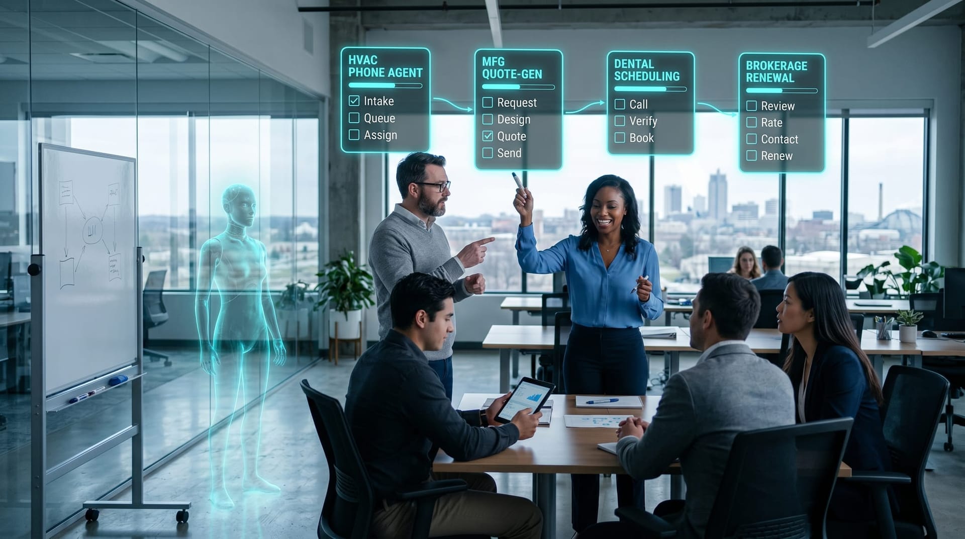 A small mid-market operations team in a Fort Wayne open office reviewing four floating workflow cards labeled HVAC phone agent, manufacturer quote, dental scheduling, and brokerage renewal.