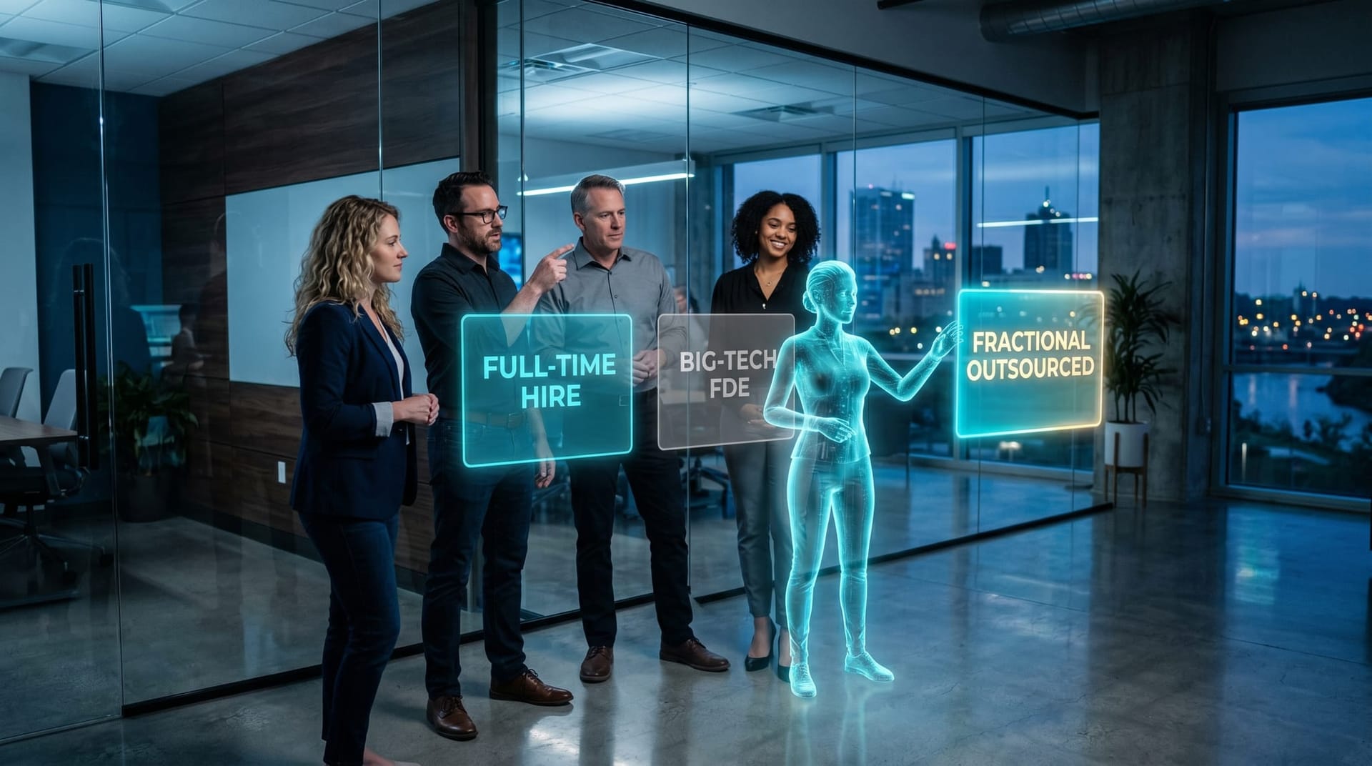 Three floating holographic option panels lined up in a Fort Wayne office labeled full-time hire, big-tech FDE, and fractional outsourced, with a small team examining the comparison.
