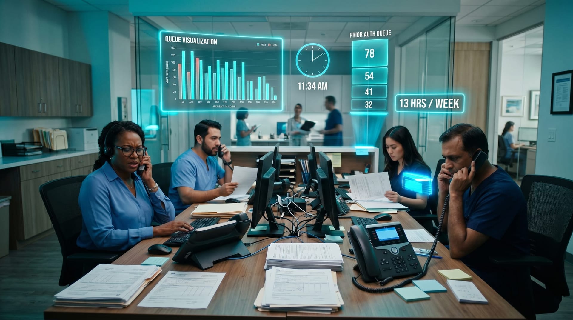Medical front-desk staff surrounded by stacks of paper forms and ringing phones while floating cyan holographic panels label the prior-authorization and paperwork backlog