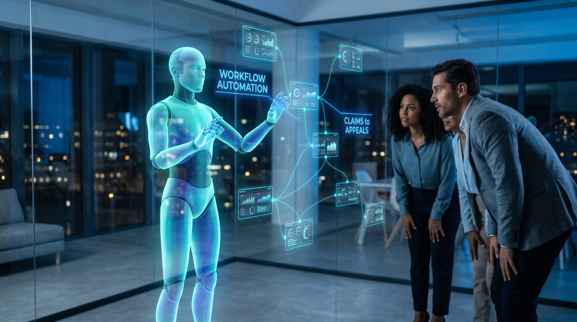 Translucent cyan holographic AI avatar orchestrating a connected network of floating workflow nodes for claims, scheduling and follow-up in a futuristic glass office