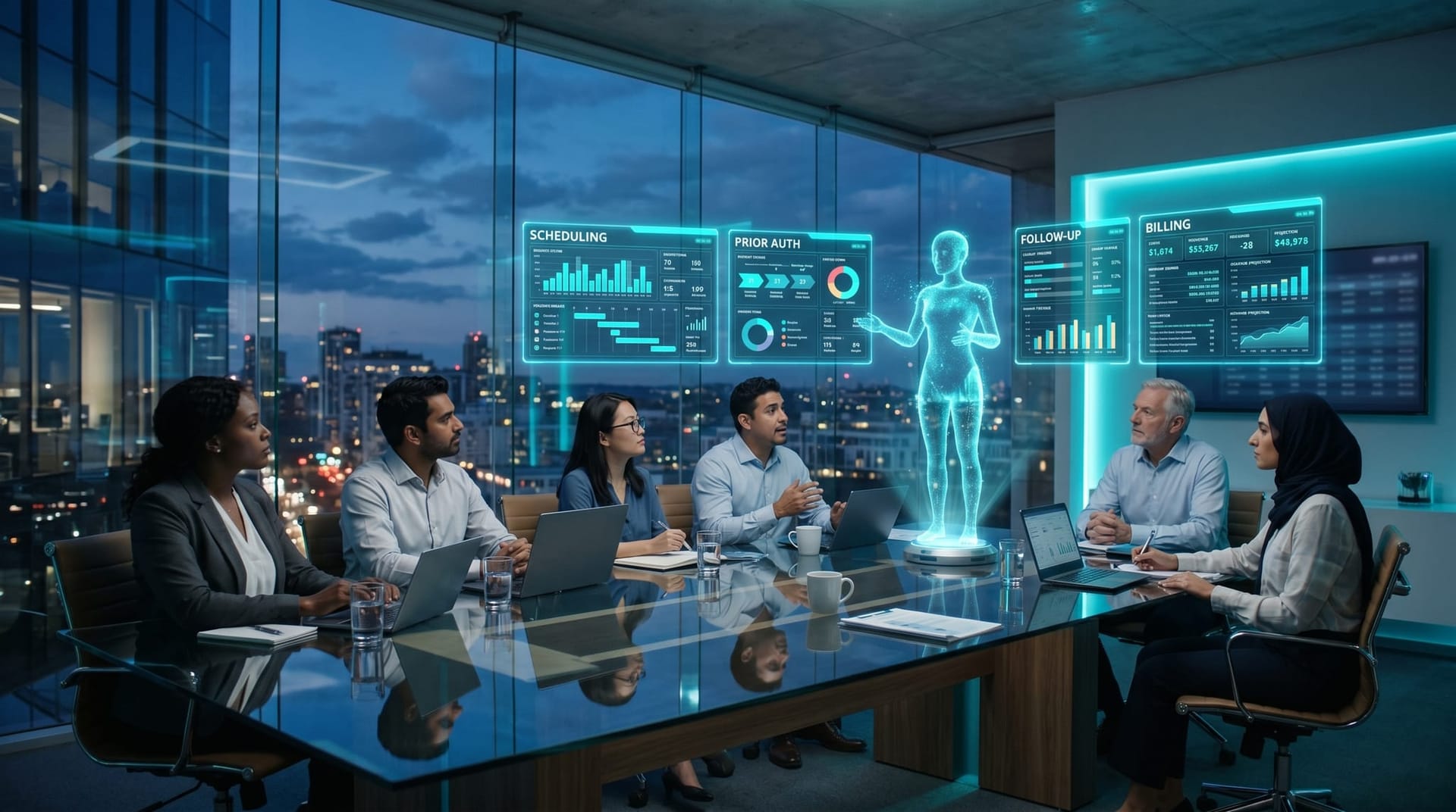 Diverse practice operations team reviewing floating cyan holographic dashboards for scheduling, prior authorization and billing around a glass conference table with an AI avatar