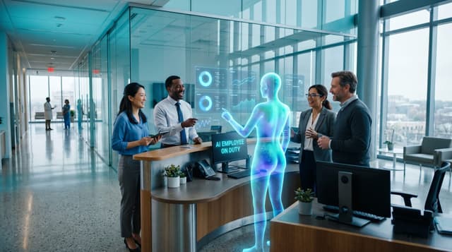 Diverse clinic administrative team collaborating with a translucent cyan holographic AI Employee around floating prior-authorization and scheduling dashboards in a glass-walled Fort Wayne medical office