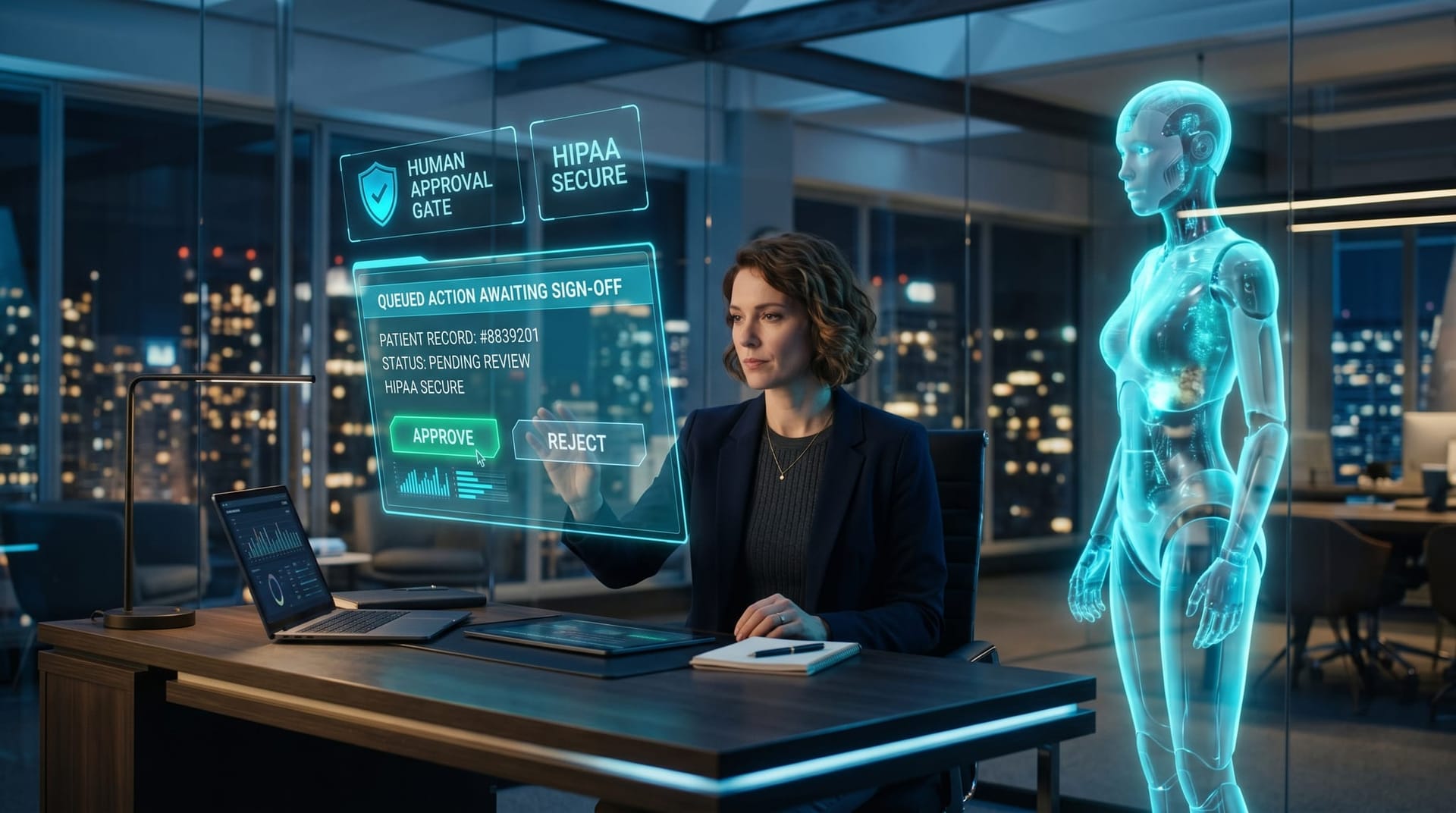 Administrator reviewing and approving an AI-drafted action on a floating cyan holographic panel labeled human approval gate beside a translucent AI avatar in a secure glass office