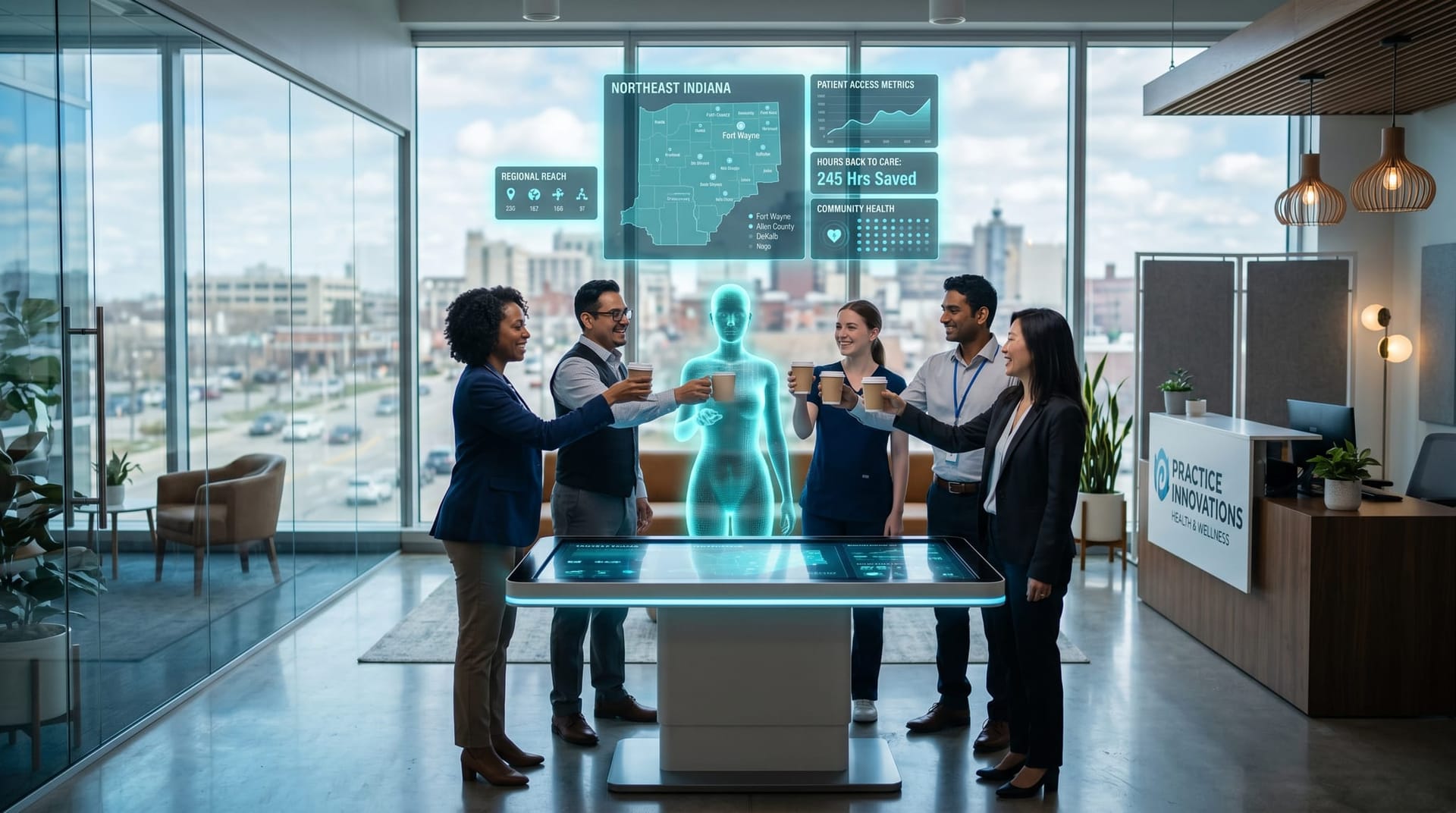 Modern Northeast Indiana medical practice interior where staff toast coffee cups with a cyan holographic AI Employee beneath a floating panel labeled Northeast Indiana