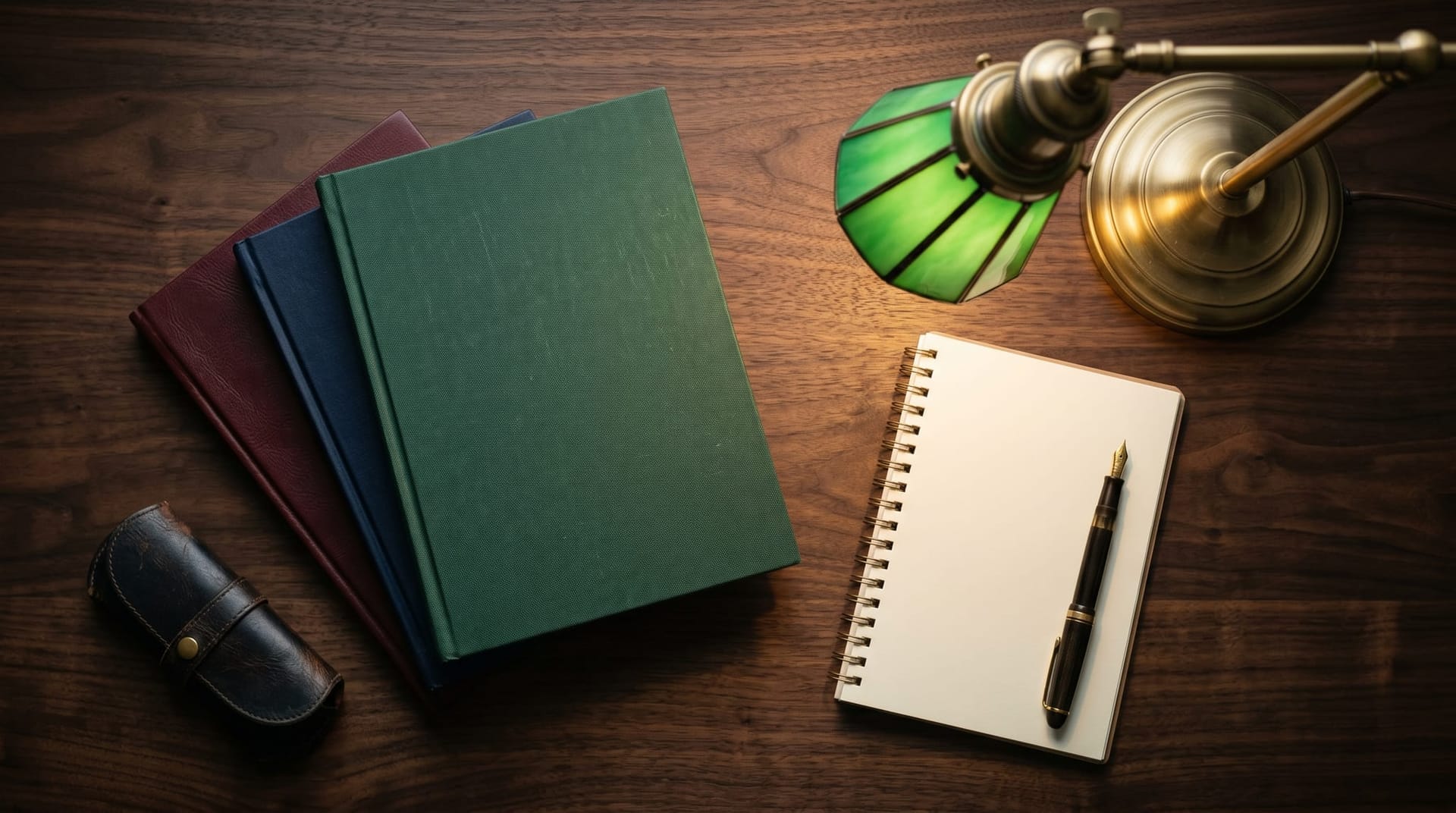 Overhead flat-lay of closed medical journals, a reading lamp, and a blank notepad on a dark wood surface, representing the clinical AI evidence gap Fort Wayne practices should weigh.