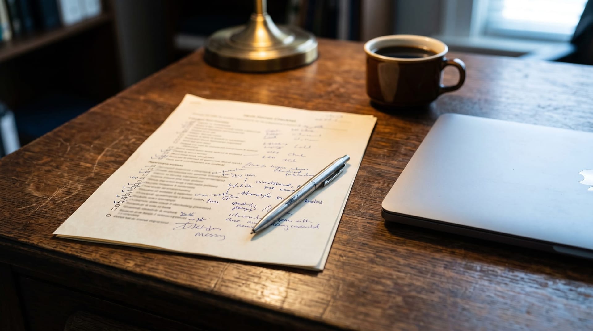 Close-up of a paper checklist with handwritten annotations next to a closed laptop on a clinician's desk, illustrating the Fort Wayne healthcare AI failure-pattern vetting checklist.