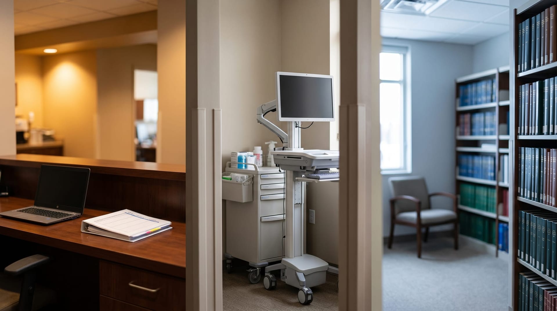 Three distinct Fort Wayne workplace vignettes side by side — reception desk, clinician workstation, and quiet research alcove — representing the tiered healthcare AI deployment strategy.