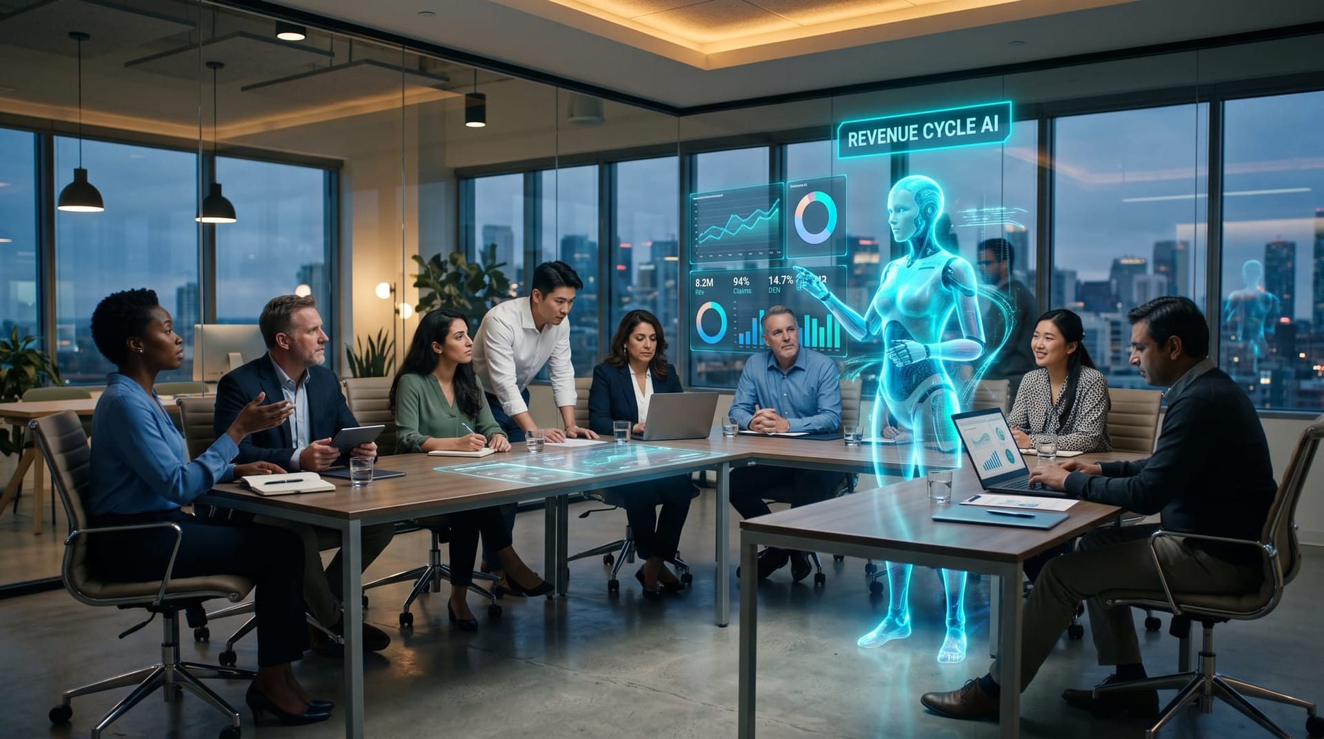 Healthcare administrators around a conference table with a translucent cyan holographic AI employee reviewing revenue-cycle dashboards, showing healthcare AI integration for Fort Wayne practices.