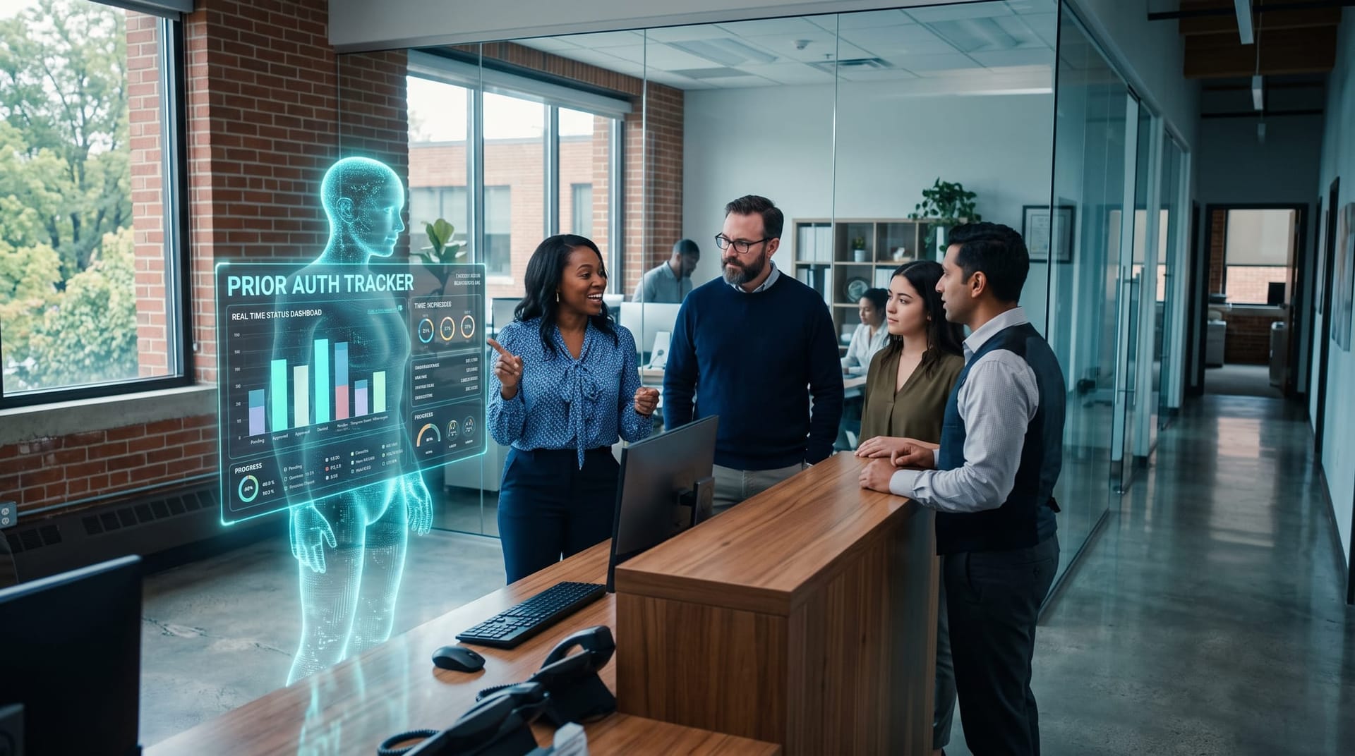 Northeast Indiana medical practice back office team collaborating beside a translucent cyan holographic AI employee tracking prior authorizations.