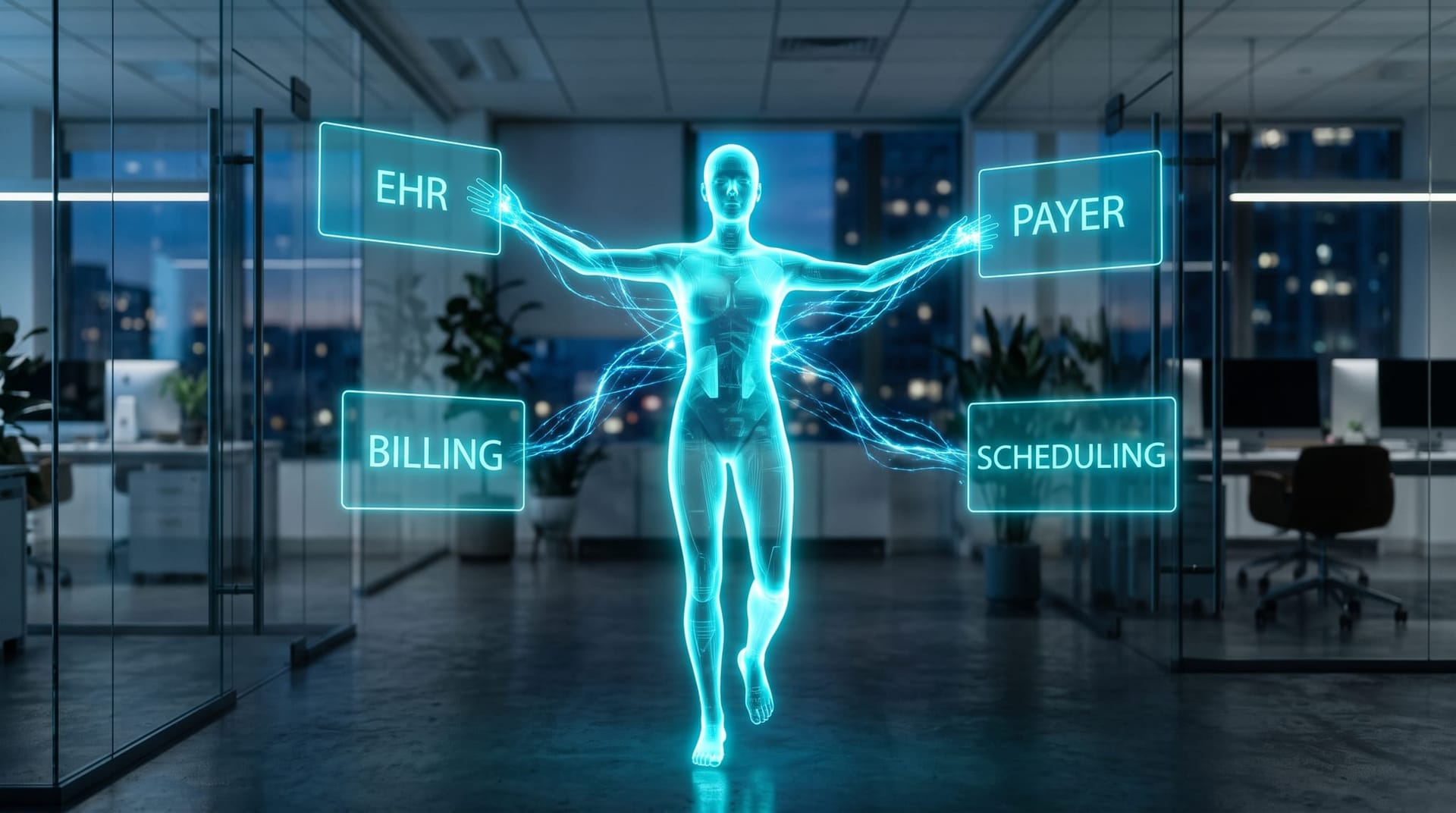 Translucent cyan holographic AI avatar bridging disconnected floating panels for EHR, billing, and payer systems in healthcare AI integration.