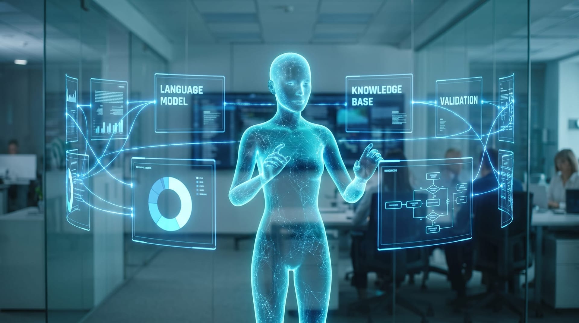 Translucent cyan holographic AI employee coordinating floating model, knowledge base, and validation panels in agentic orchestration for healthcare.