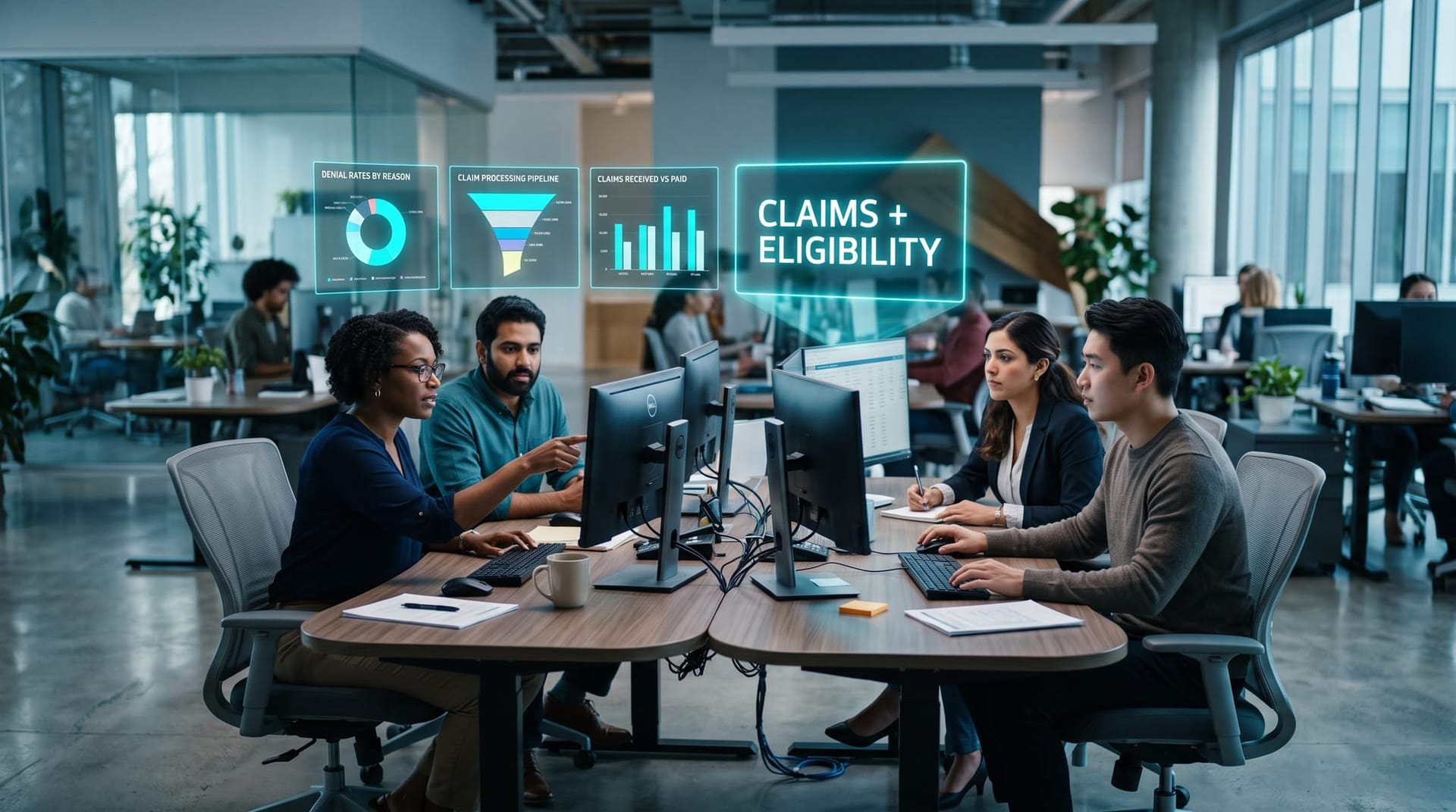 Billing team at a desk of monitors reviewing floating cyan claims and eligibility dashboards during healthcare revenue cycle automation.