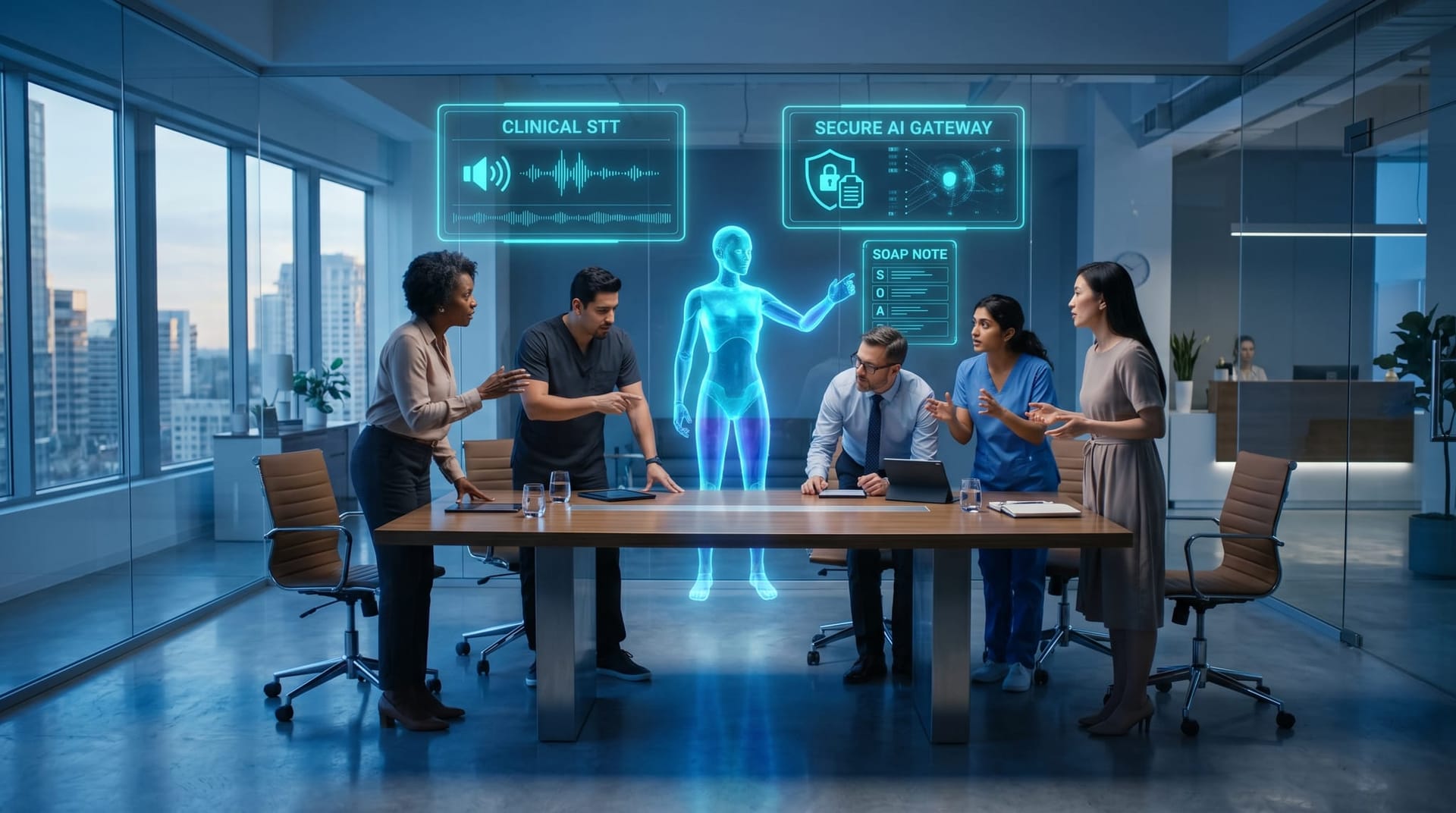 A diverse Northeast Indiana clinical team reviews a translucent cyan holographic specialized clinical AI avatar transcribing a SOAP note while floating cyan UI panels label specialized STT and Secure AI Gateway.