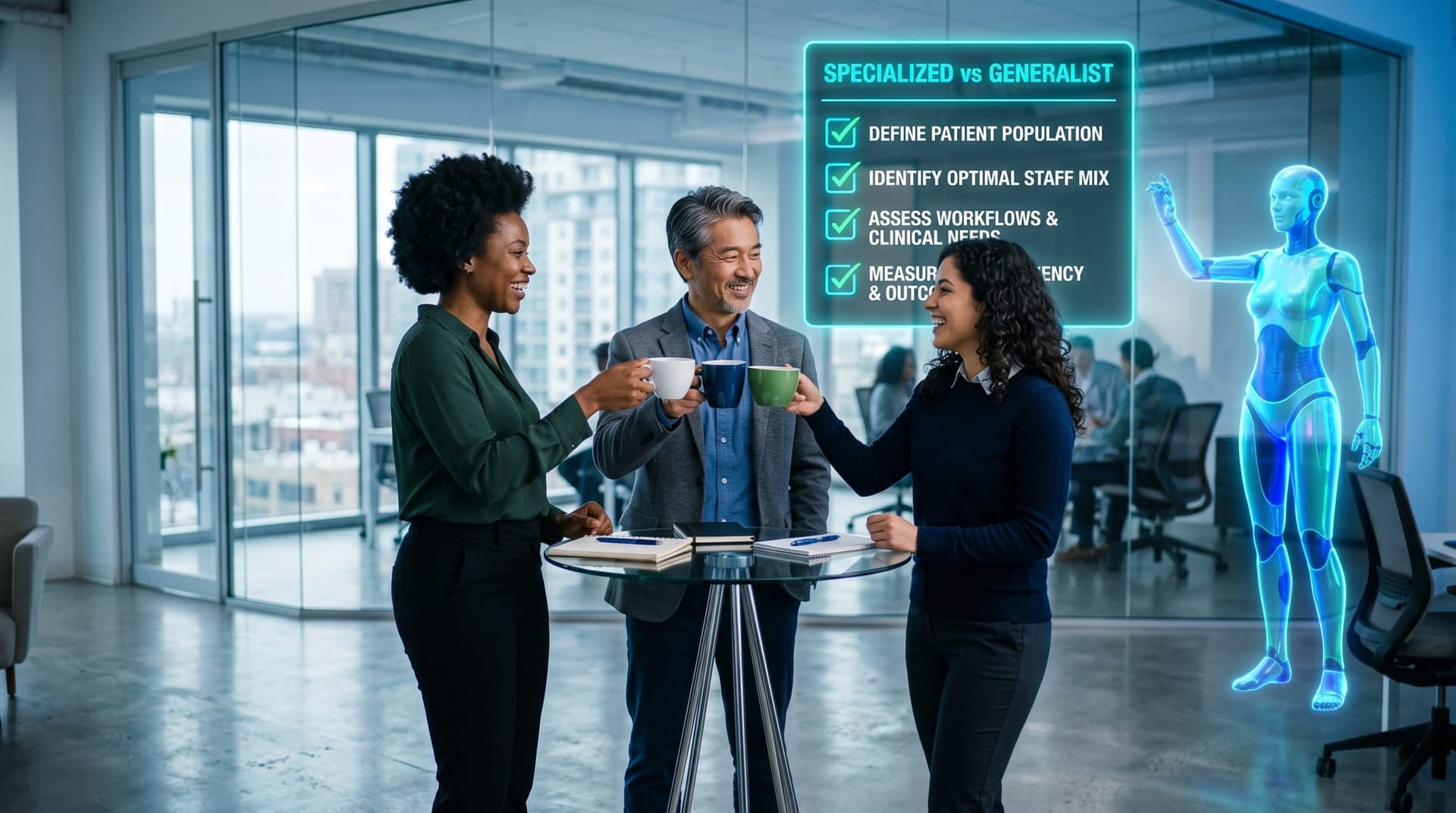 A diverse clinical operations team toasts coffee cups beside a floating cyan holographic checklist panel labeled specialized vs generalist buyer test with a translucent AI humanoid presenting.