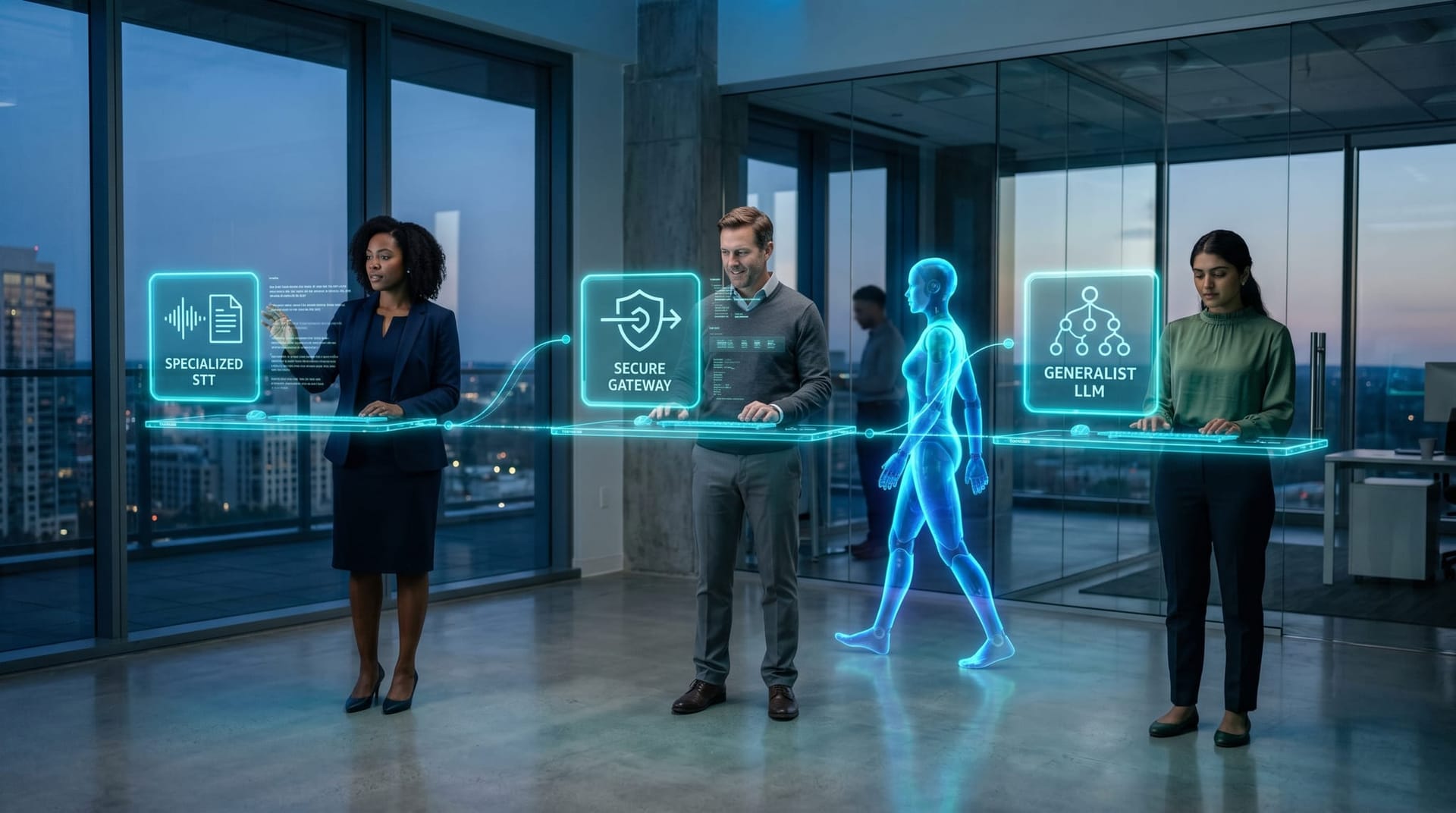 Three diverse colleagues stand beside a horizontal cyan holographic pipeline diagram with stations labeled specialized STT secure gateway and generalist LLM as a translucent AI humanoid walks the line.