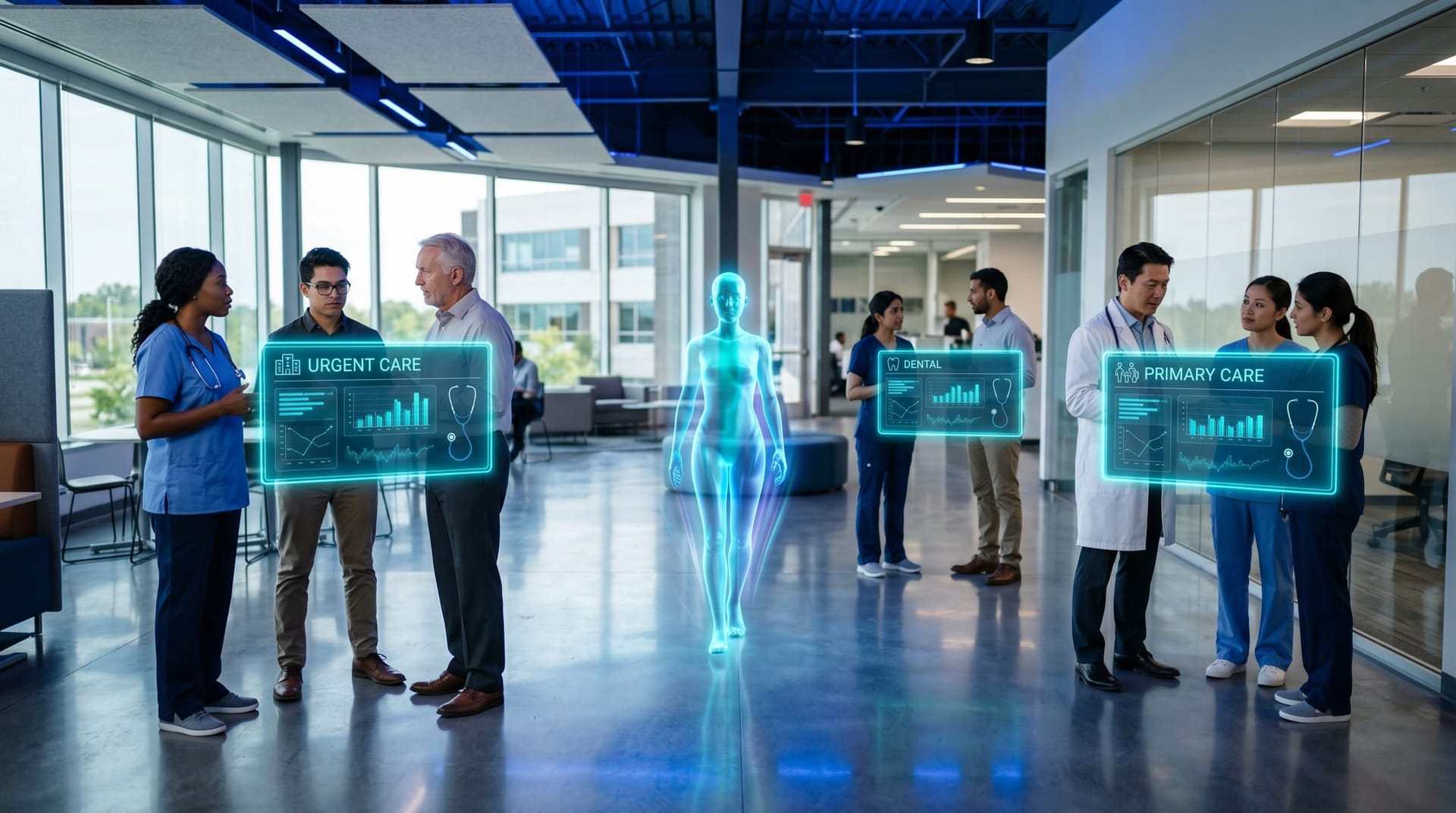 Three small clinical teams in a shared modern building each beside a floating cyan holographic panel labeled urgent care dental and primary care with a translucent AI humanoid walking between them.