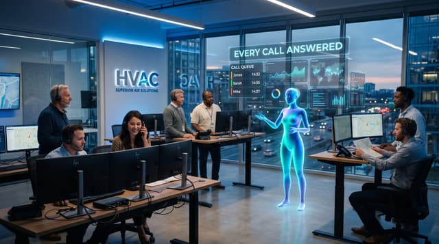Holographic AI employee answering calls beside an HVAC dispatch team in a glass-walled Fort Wayne office with floating cyan lead dashboards