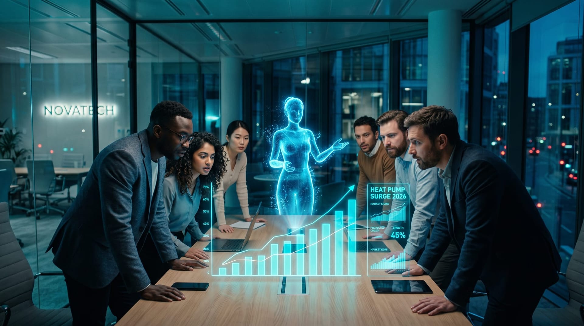 Business team reviewing rising heat pump sales charts on floating cyan holographic panels during the 2026 heat pump surge market briefing
