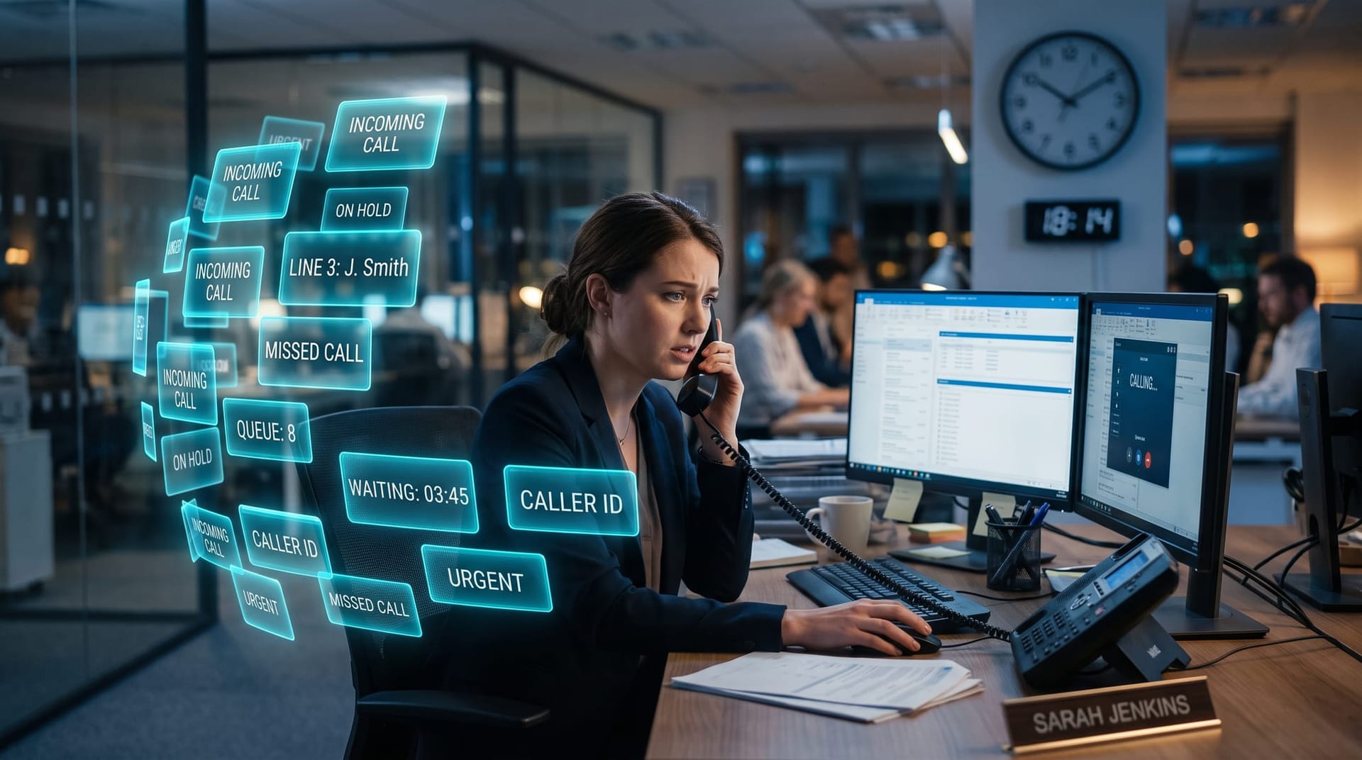 Front-office coordinator surrounded by glowing cyan incoming-call notifications showing HVAC missed calls stacking up during a summer rush