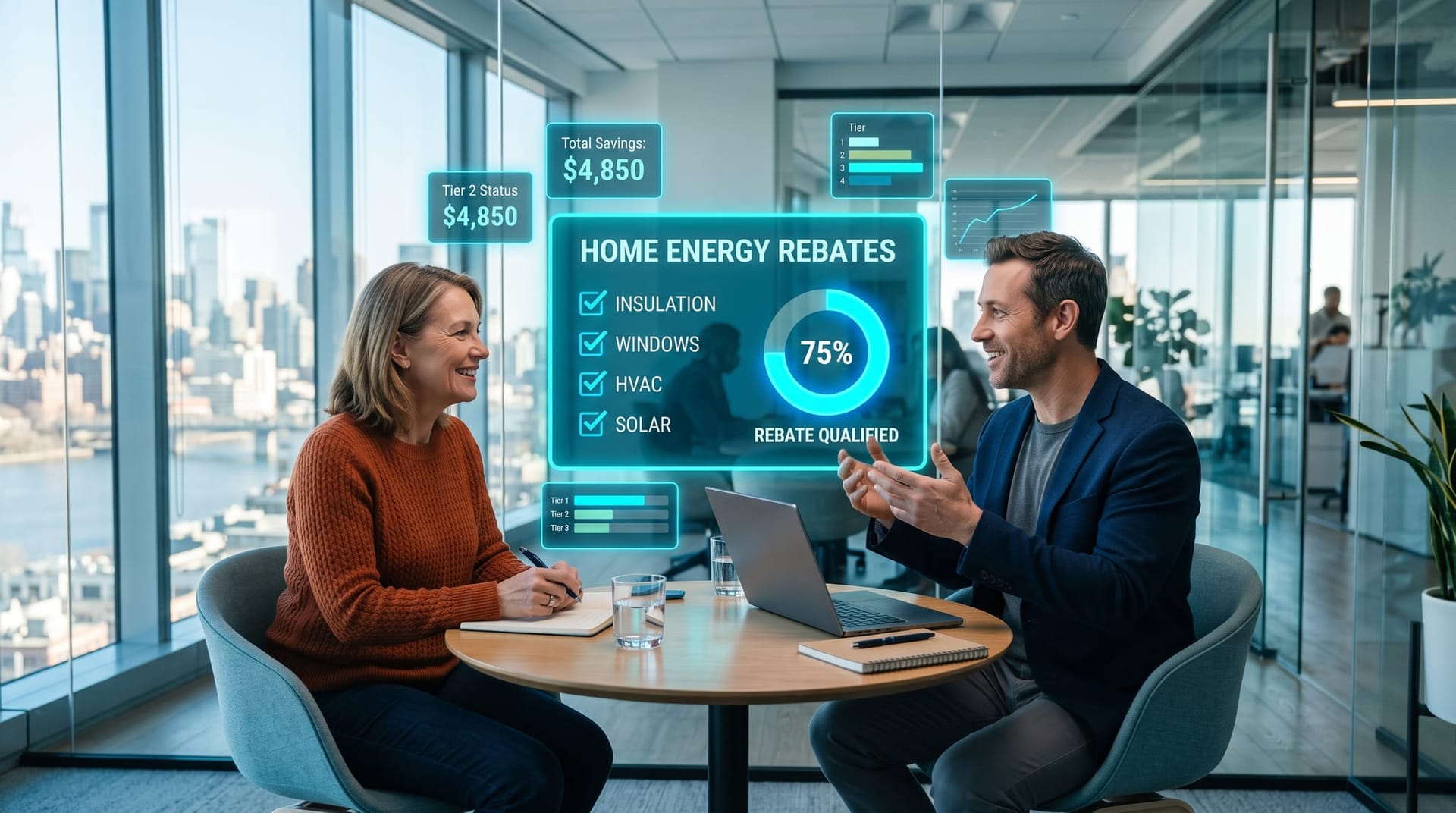 Homeowner and advisor reviewing Indiana heat pump rebate options on a floating holographic checklist in a bright modern meeting space