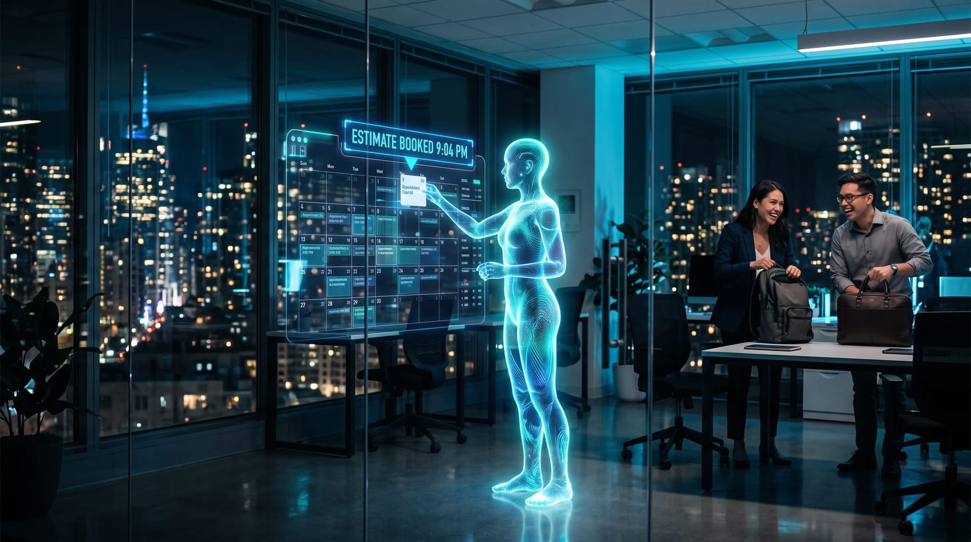 Translucent cyan AI employee hologram booking an HVAC estimate on a floating calendar while the human team collaborates late in the evening
