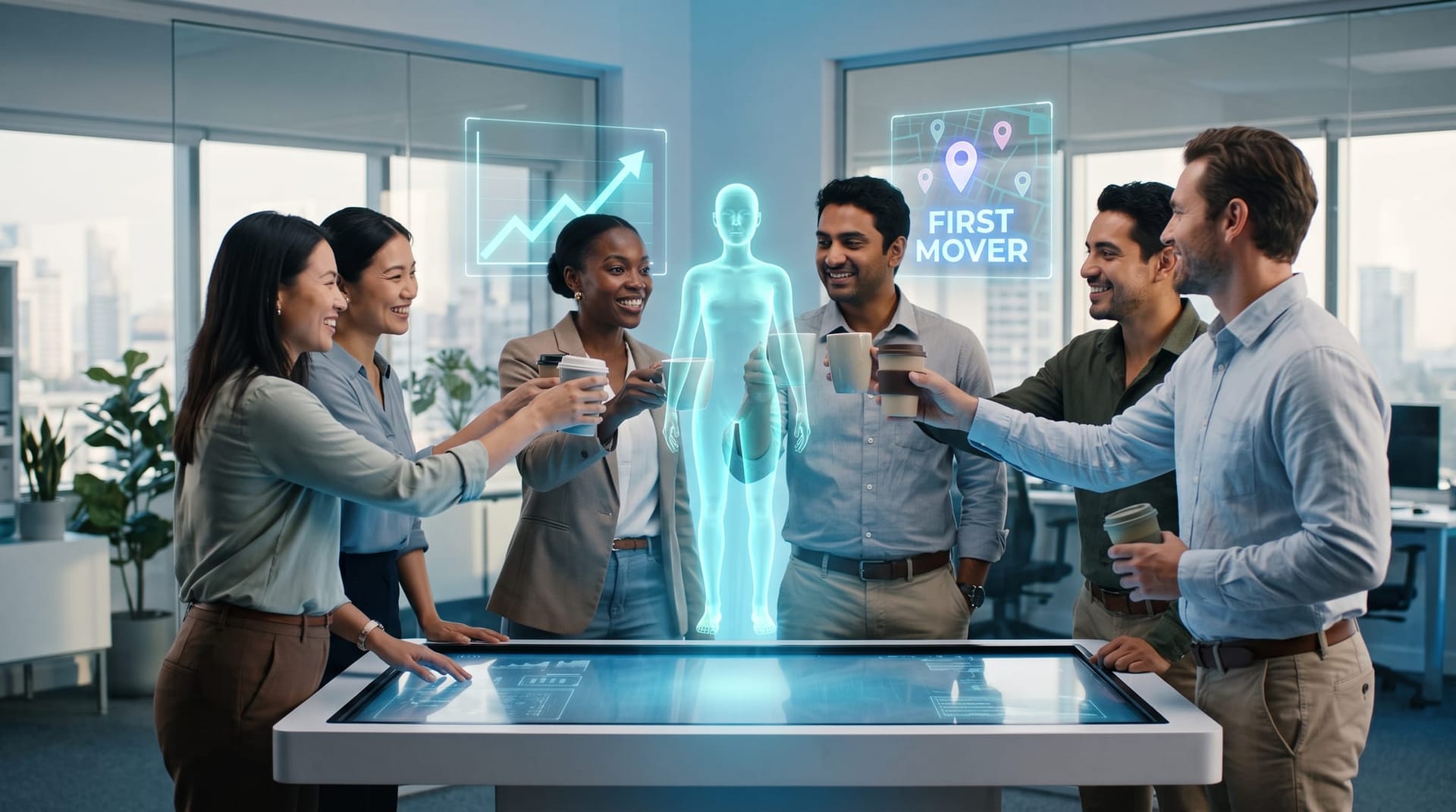 Fort Wayne business team toasting coffee cups with a holographic AI avatar as cyan panels chart local first-mover growth in AI search