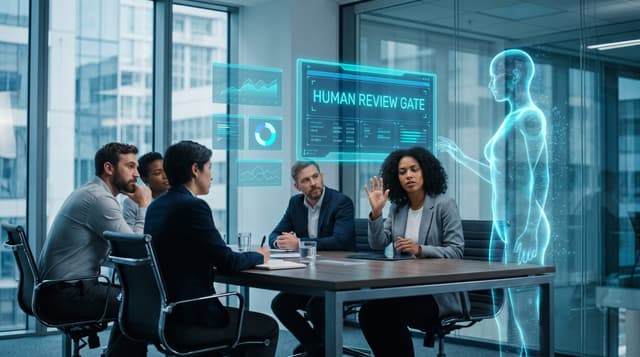 Business team reviewing an AI Employee's output on a holographic approval panel before it reaches a customer, keeping human oversight of AI