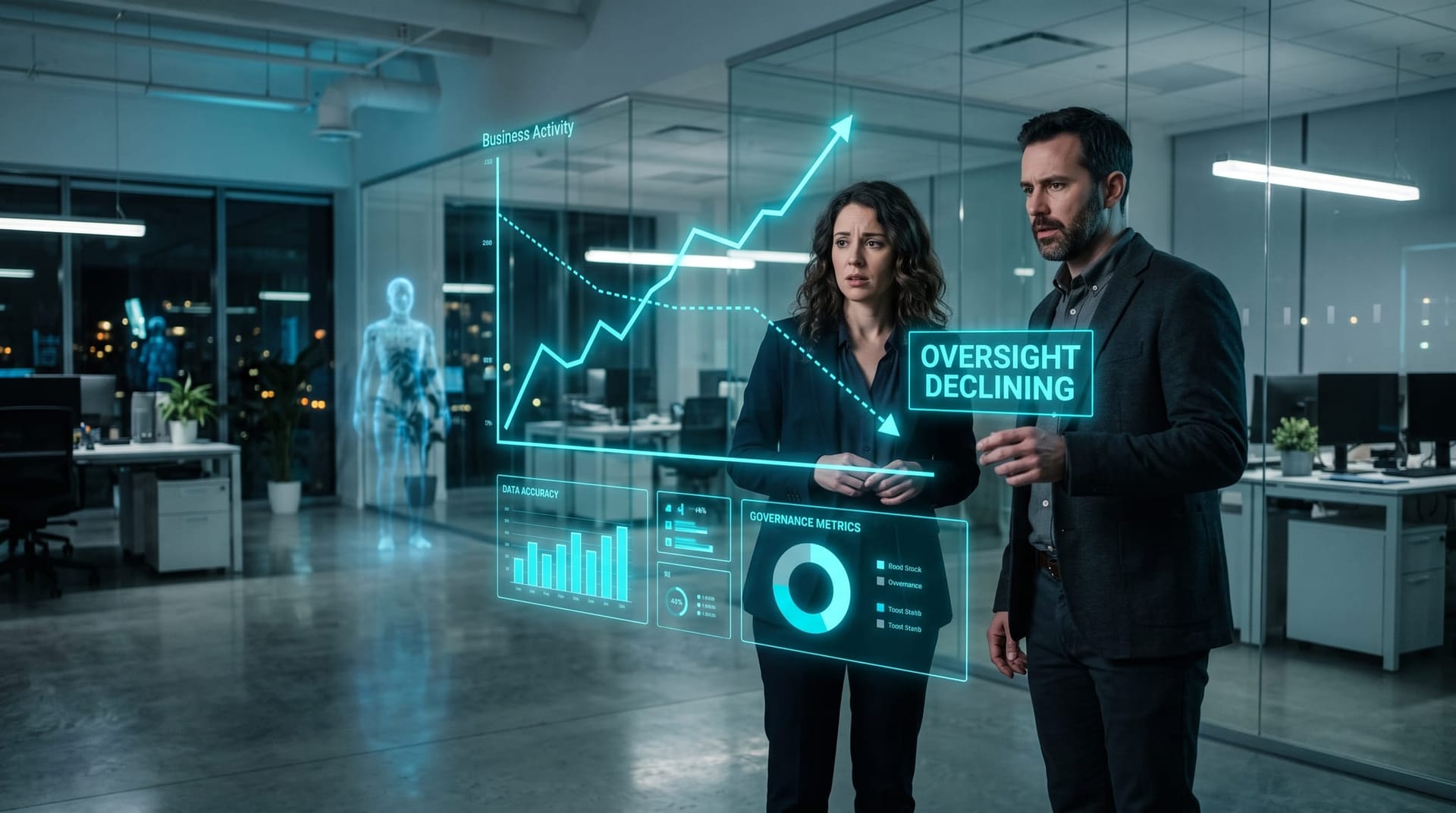Managers watching a holographic trend chart show human AI review dropping as autonomy rises, illustrating the retreat from oversight