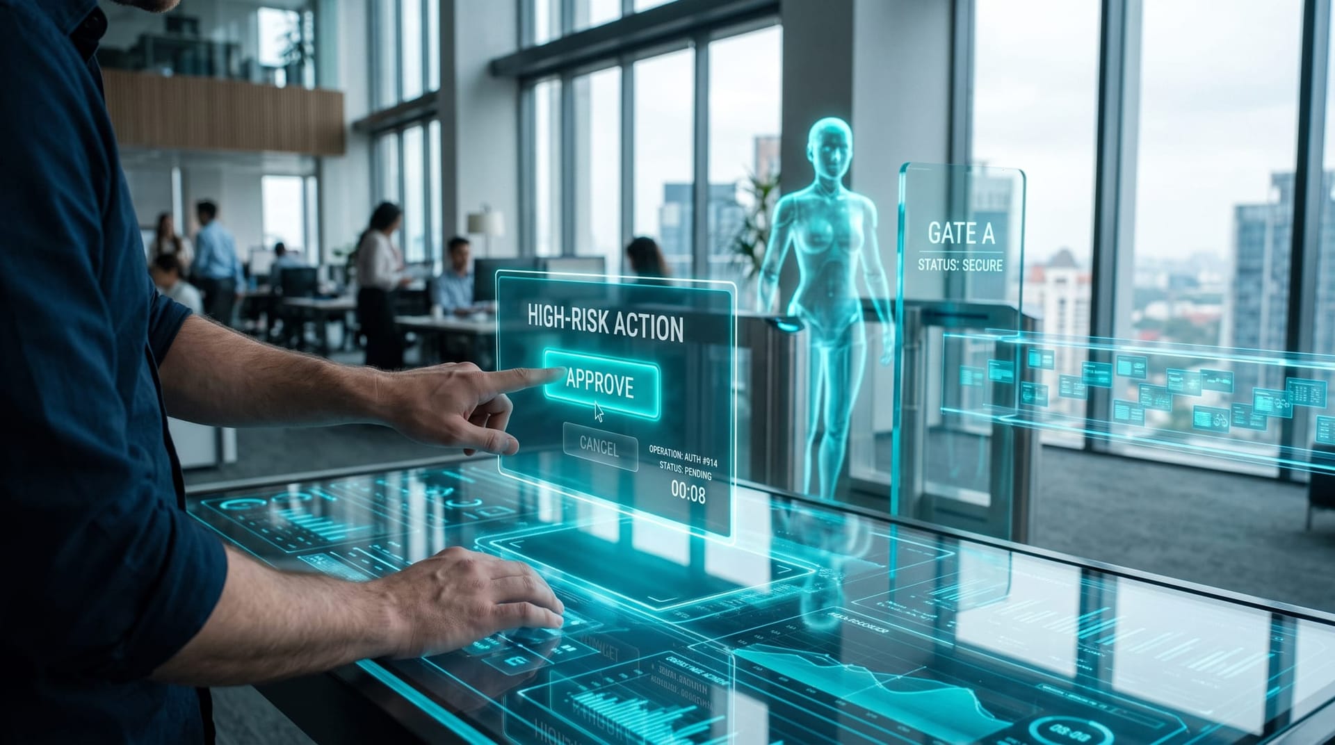 A human hand approving a flagged high-risk AI action at a holographic gate while routine tasks flow past automatically