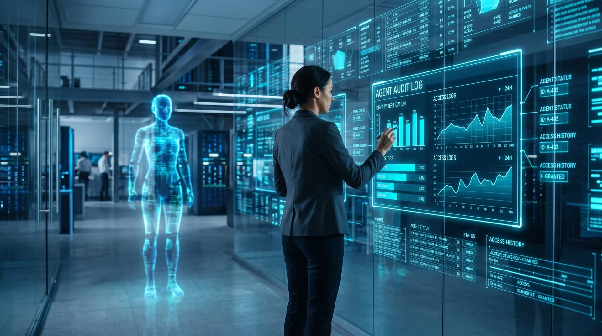 IT lead auditing AI agent activity on a holographic panel showing non-human identities and access controls in a Fort Wayne office