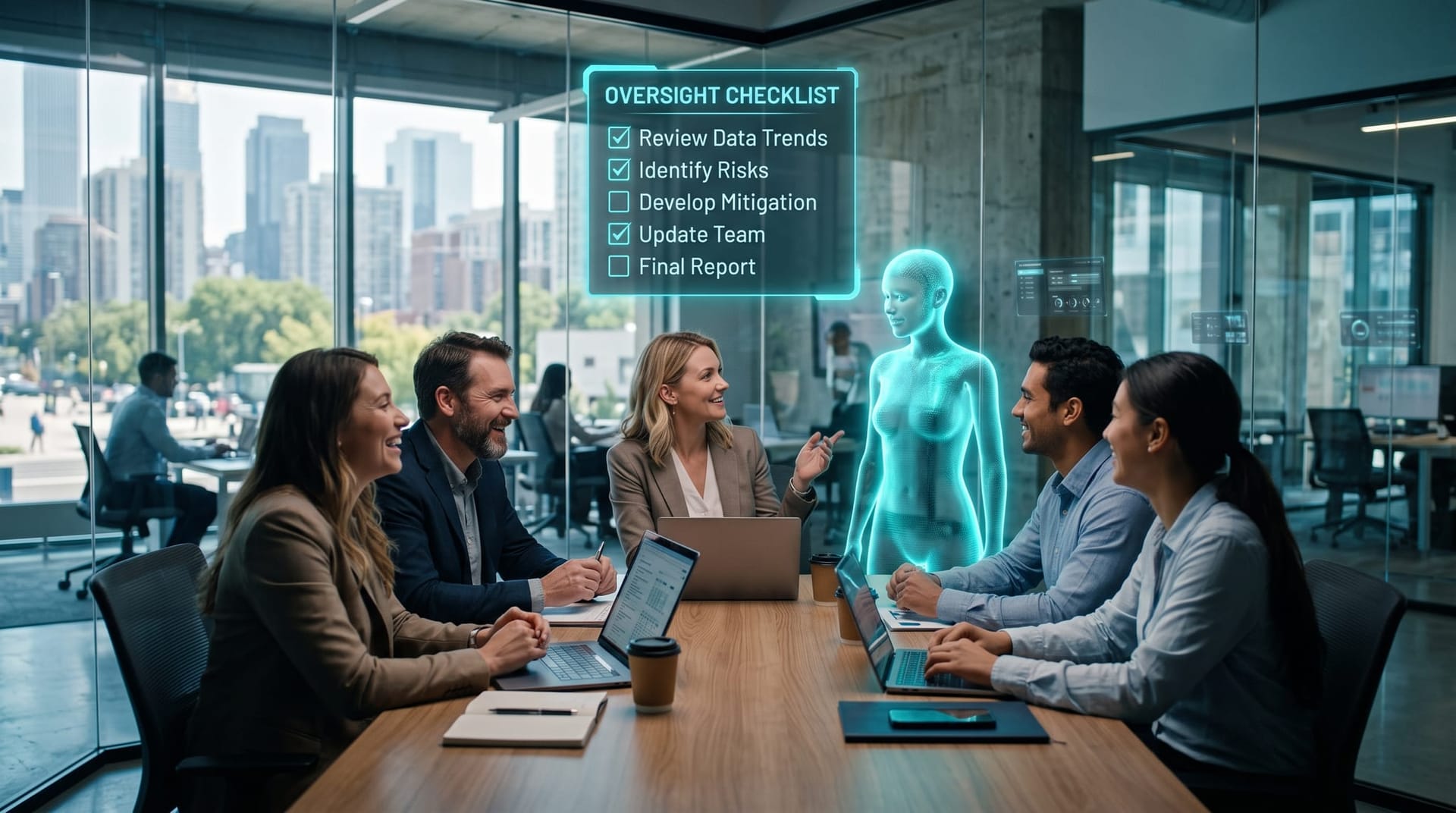 A small Northeast Indiana business team collaborating with a holographic AI Employee under a shared oversight checklist panel