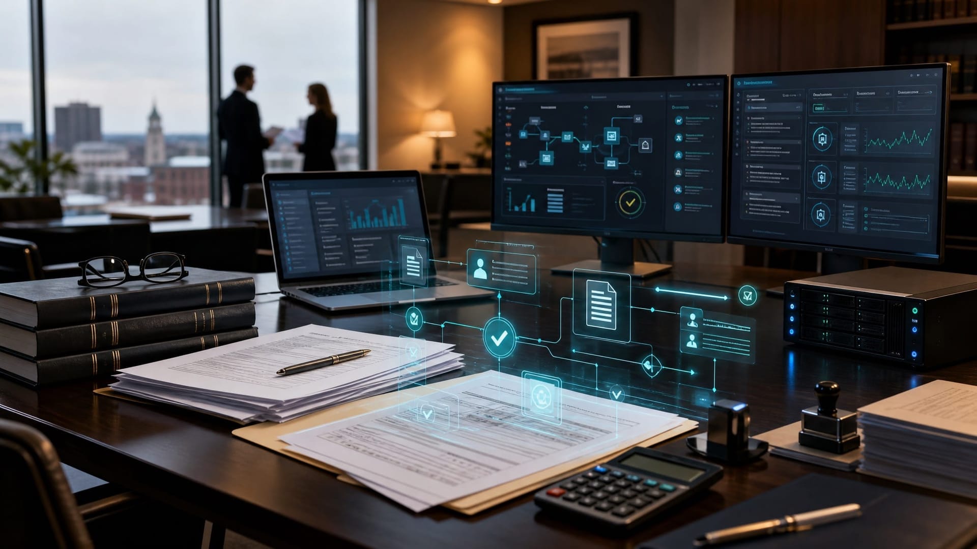 Fort Wayne professional services office with AI compliance automation tools running on screens alongside legal documents and tax forms
