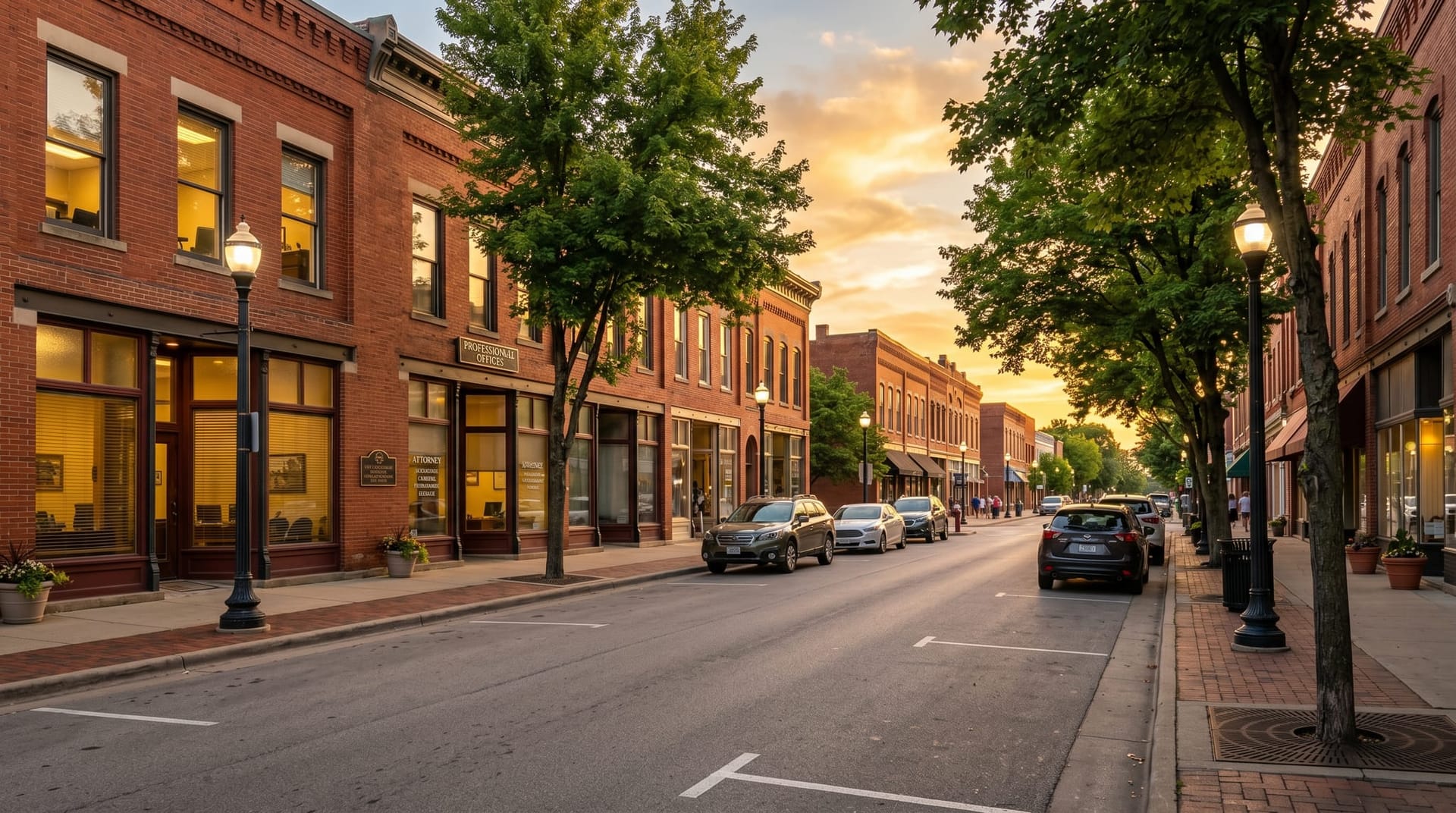 Fort Wayne Allen County professional services district with law offices and accounting firms along a tree-lined downtown street