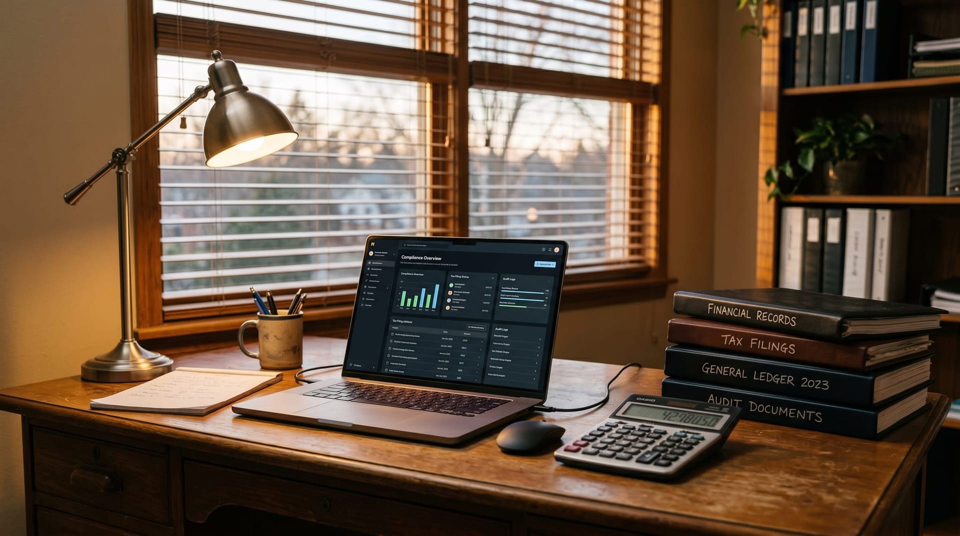 Small accounting firm desk setup showing AI compliance automation alongside traditional calculator and ledger in a Fort Wayne office