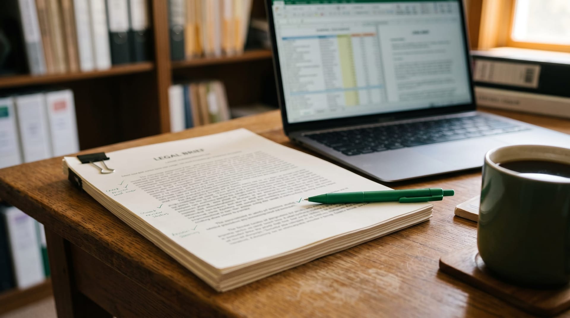 Paralegal workstation with a printed legal brief beside a laptop showing blurred citation columns and a colored ballpoint pen marking small checkmarks down the margin, illustrating the four-step AI citation verification workflow.