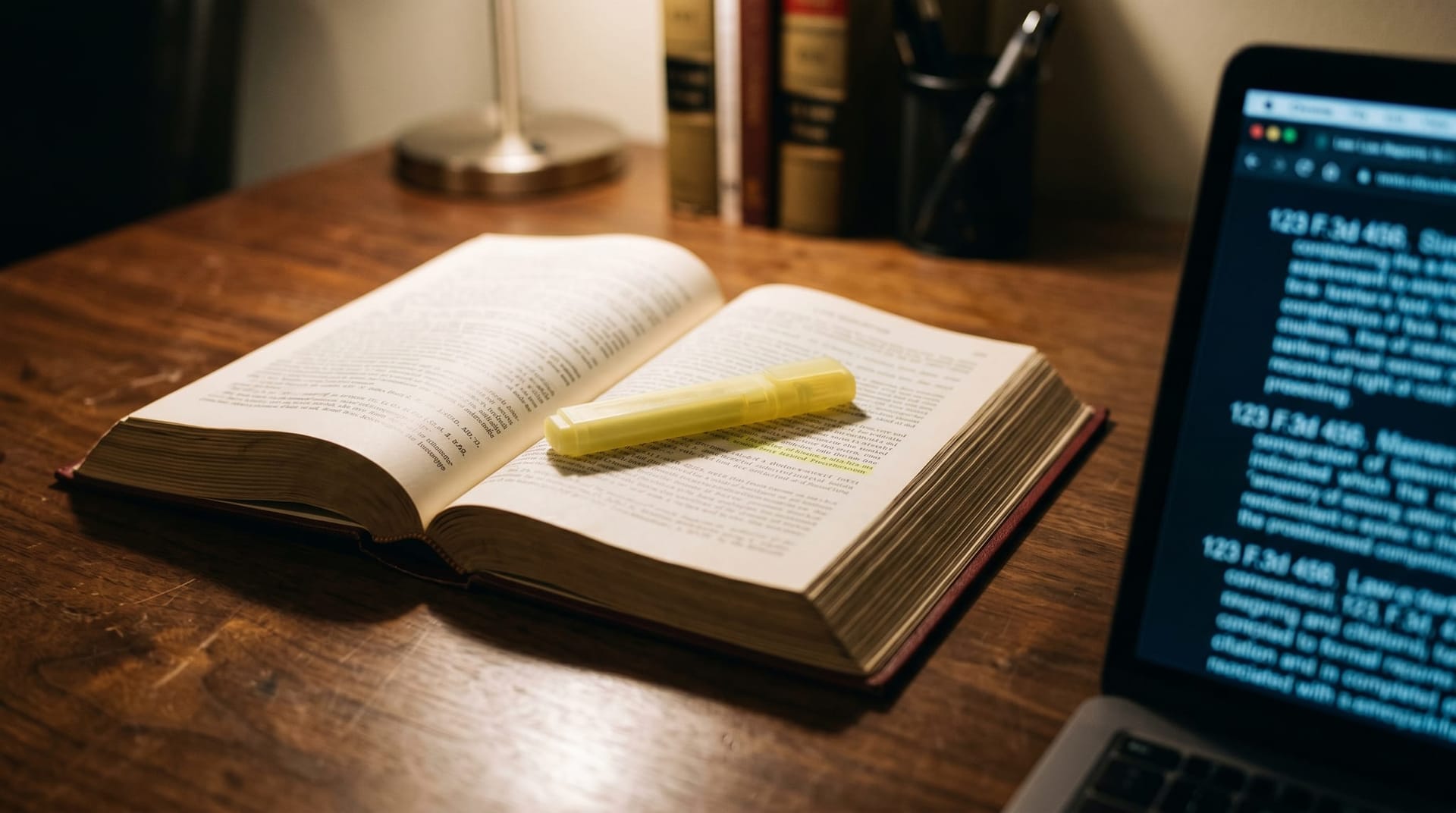 Close-up of an open law book and a laptop screen showing a blurred citation block with a colored highlighter mark across the byline, representing the AI hallucination metadata-error failure mode for legal filings.