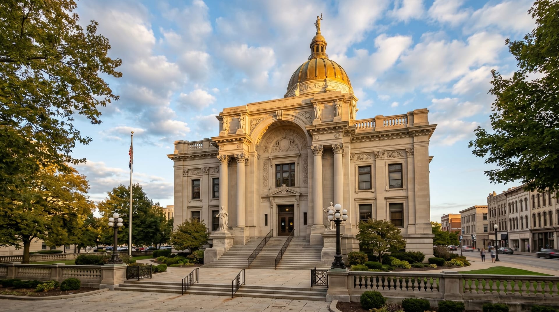 Late afternoon view of the Allen County Courthouse facade in downtown Fort Wayne with limestone columns and a bronze dome, representing Northeast Indiana attorney AI compliance and local court practice.