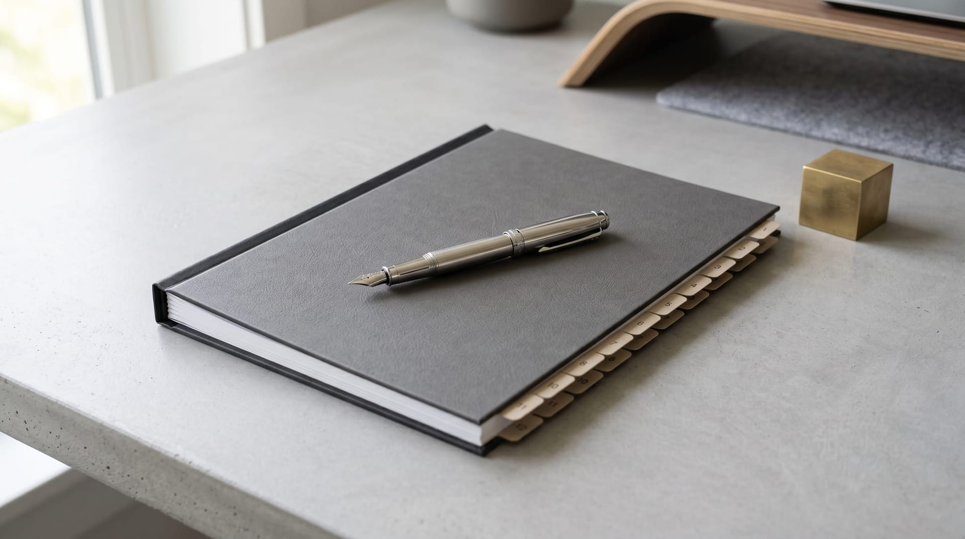 Bound four-page firm policy document with a tabbed binder cover and a fountain pen resting across the spine on a clean desk, representing the four-line Fort Wayne law firm AI policy template.