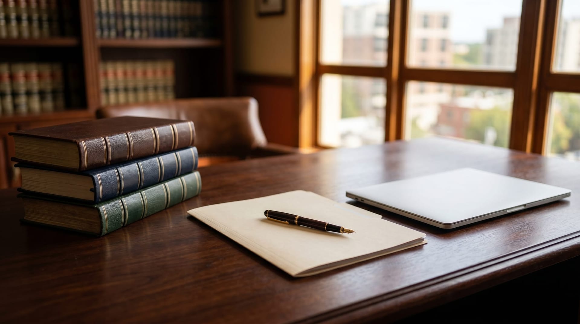 Stack of leather-bound Indiana professional conduct rule volumes beside a closed laptop and a fountain pen on a dark mahogany desk, representing Indiana attorney AI competence and supervision obligations.