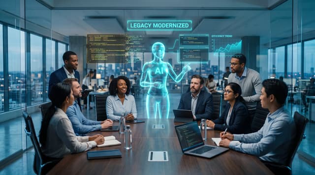 Business team and a translucent cyan holographic AI employee modernizing legacy software on floating panels in a glass-walled office