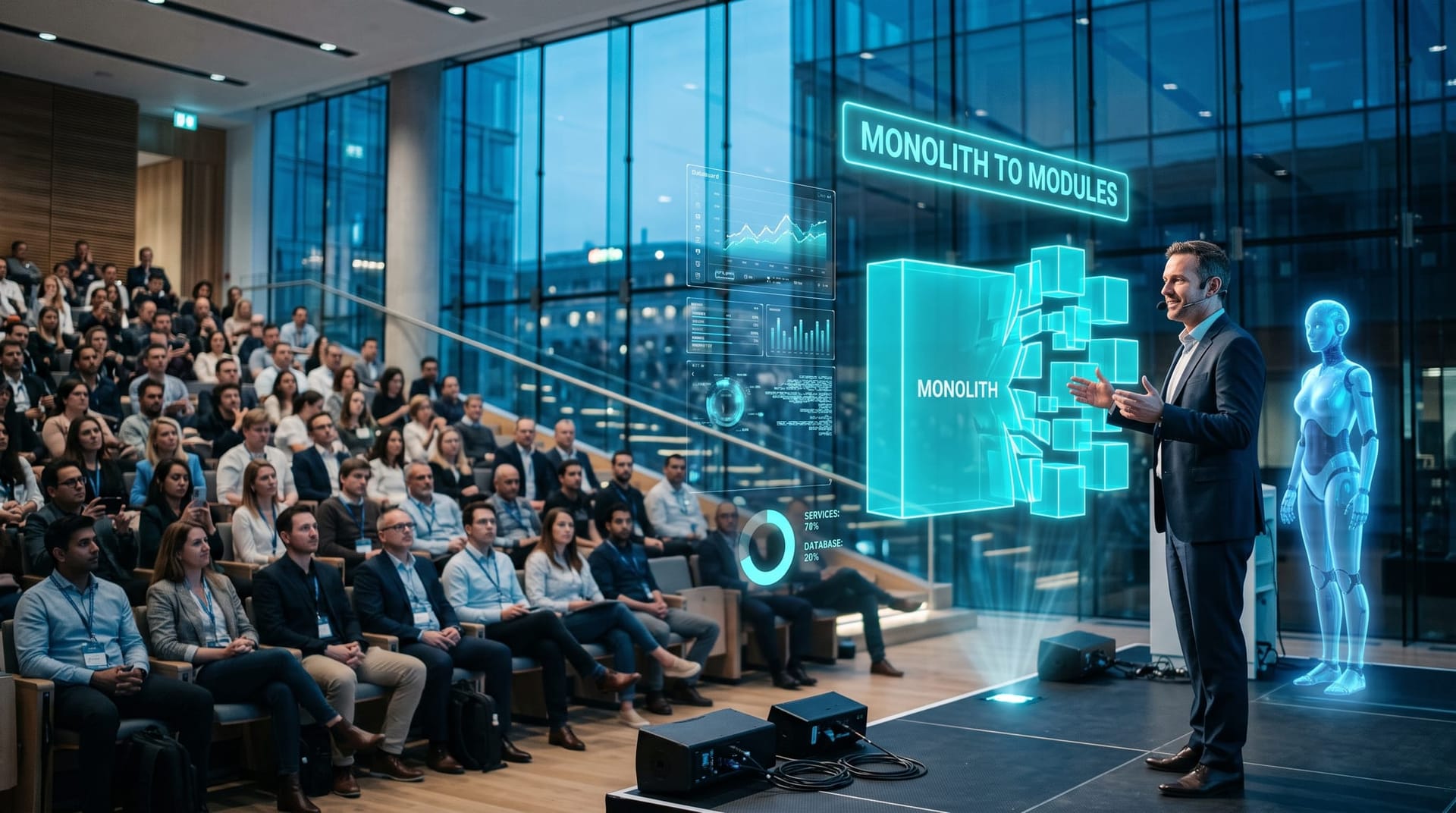 A presenter on stage beside a translucent cyan holographic AI figure and floating panels breaking a large software monolith into modular blocks