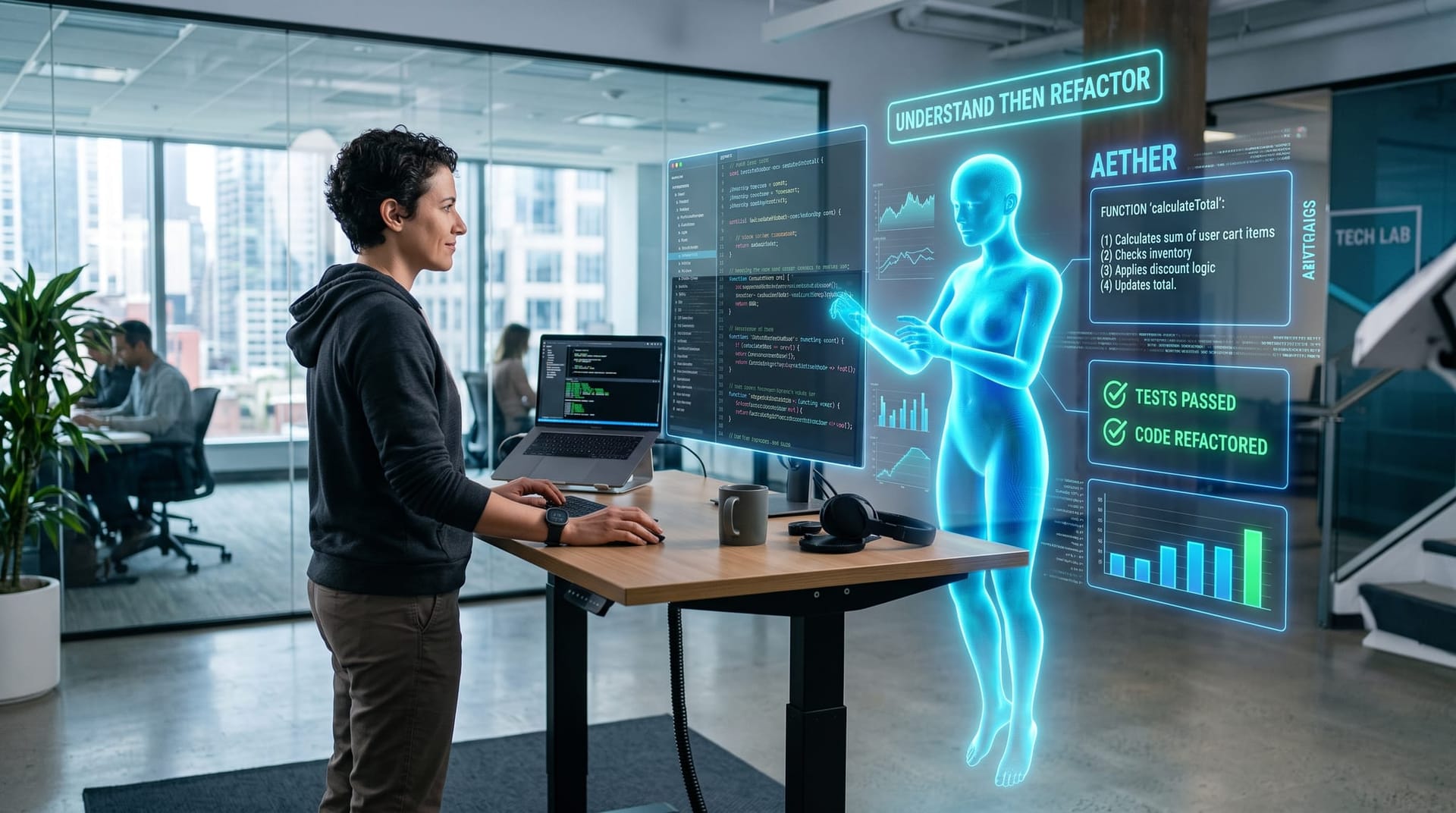 A translucent cyan holographic AI employee translating old code into plain-English specs on floating panels while a developer reviews the output